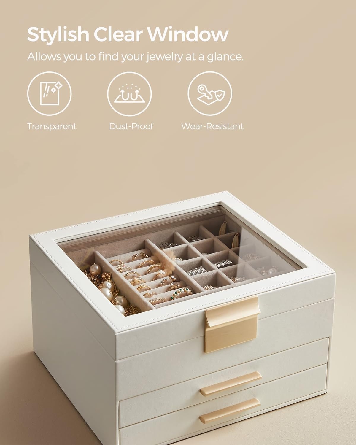 image:imageSONGMICS 3Layer Jewelry Organizer Bundle with Jewelry Holder Jewelry Box with Glass Lid 2 Drawers Jewelry Display Stand with Metal Frame White and Pale Gold UJBC239WT and UJJS028A01