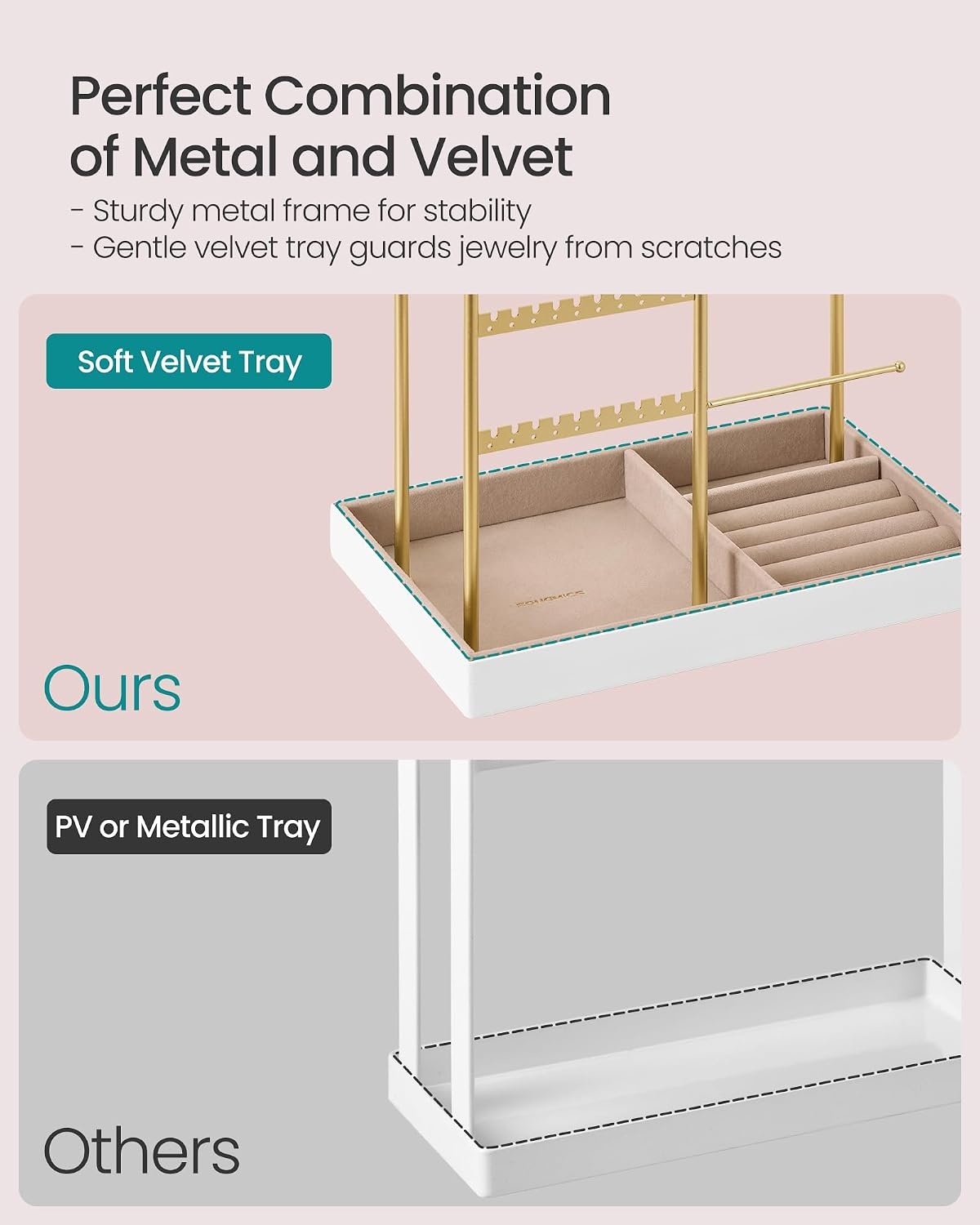 image:imageSONGMICS 3Layer Jewelry Organizer Bundle with Jewelry Holder Jewelry Box with Glass Lid 2 Drawers Jewelry Display Stand with Metal Frame White and Pale Gold UJBC239WT and UJJS028A01