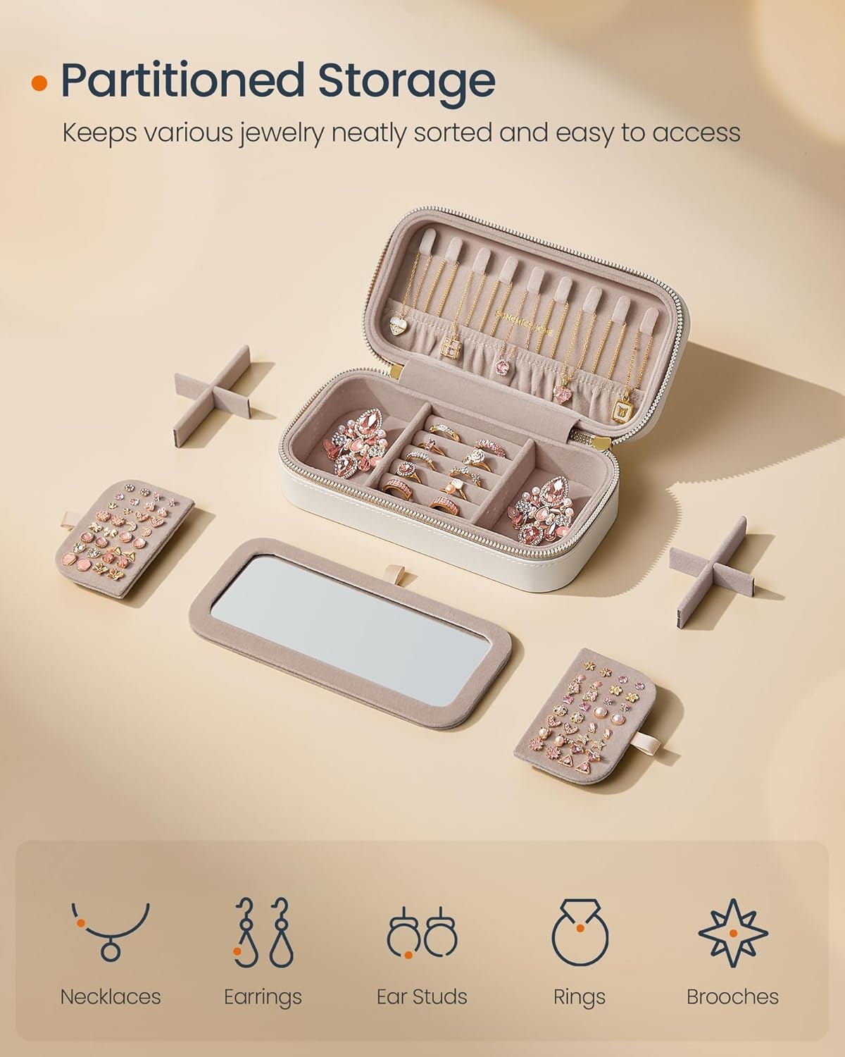 image:imageSONGMICS Jewelry Holder and Travel Jewelry Box Bundle Metal Frame Small Mirror PU Surface with Stitching Gift Idea Gold and White and Cloud White UJJS003A01 and UJBC180W01