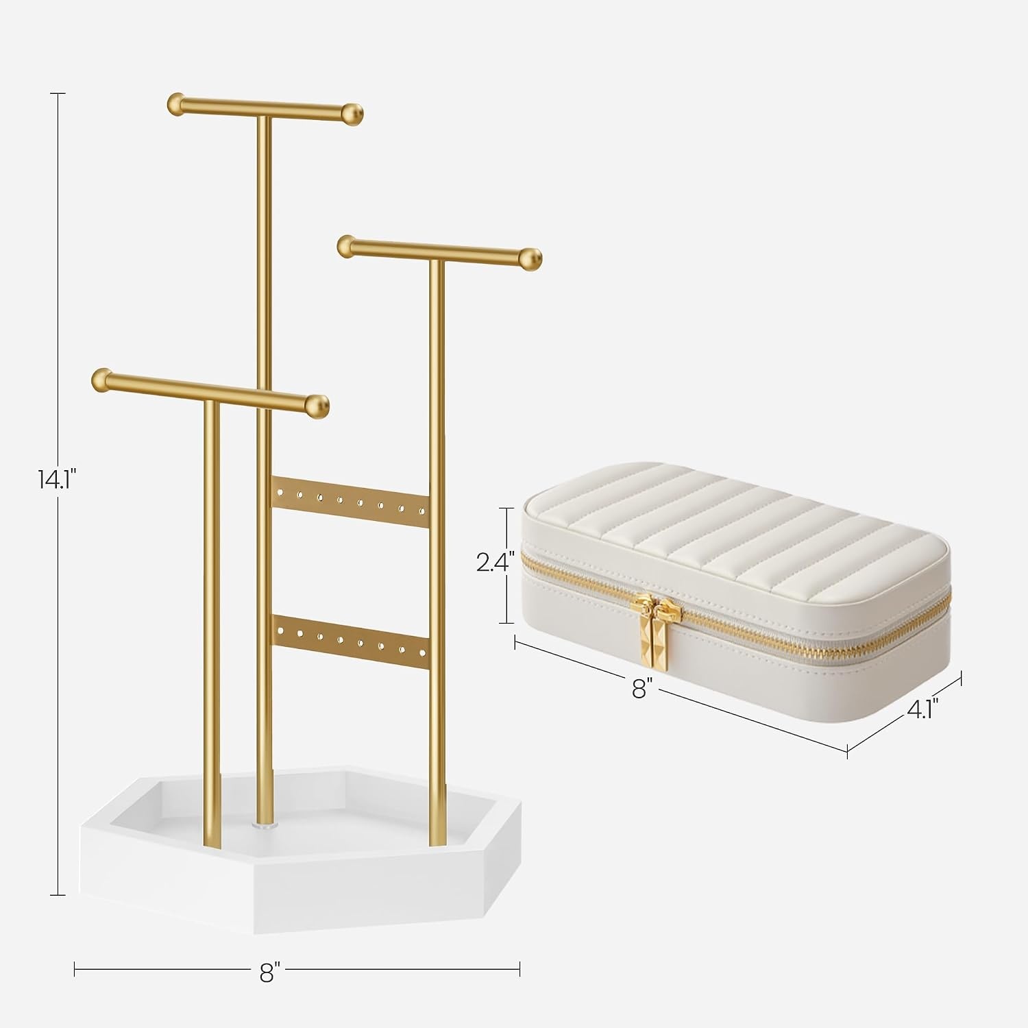 image:imageSONGMICS Jewelry Holder and Travel Jewelry Box Bundle Metal Frame Small Mirror PU Surface with Stitching Gift Idea Gold and White and Cloud White UJJS003A01 and UJBC180W01
