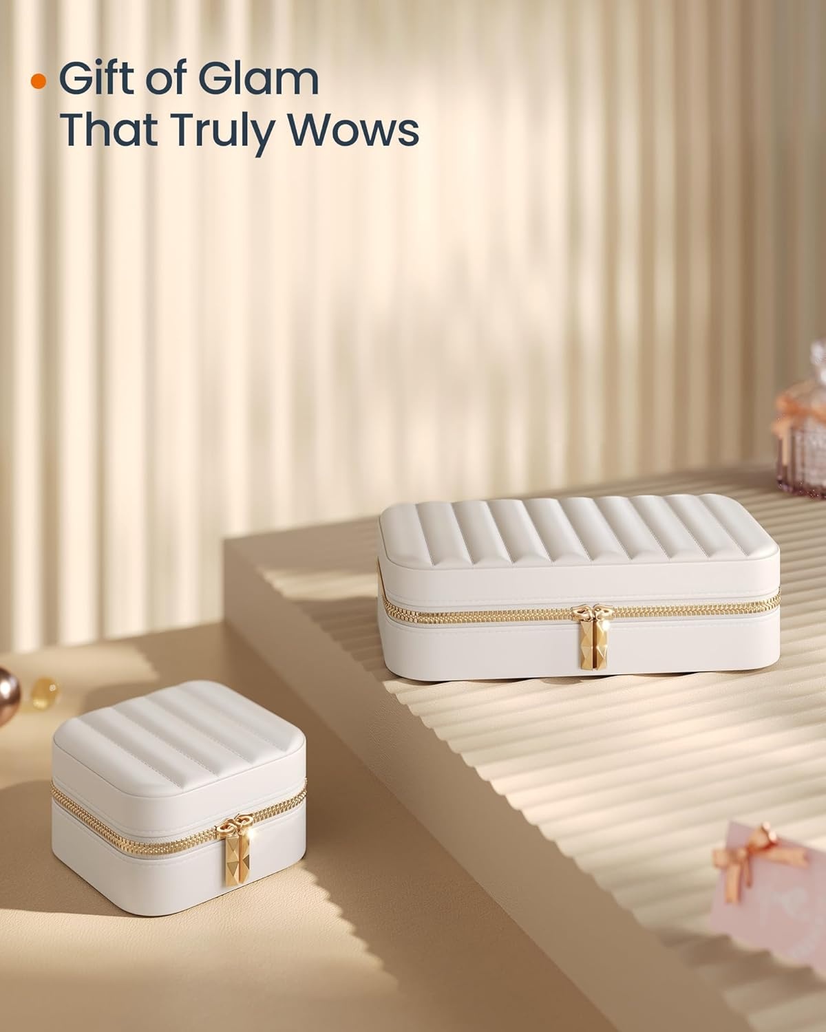 image:imageSONGMICS Jewelry Holder and Travel Jewelry Box Bundle Metal Frame Small Mirror PU Surface with Stitching Gift Idea Gold and White and Cloud White UJJS003A01 and UJBC180W01