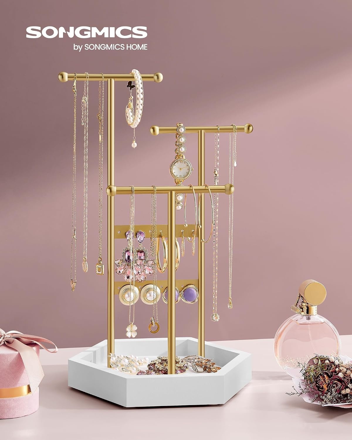 image:imageSONGMICS Jewelry Holder and Travel Jewelry Box Bundle Metal Frame Small Mirror PU Surface with Stitching Gift Idea Gold and White and Cloud White UJJS003A01 and UJBC180W01