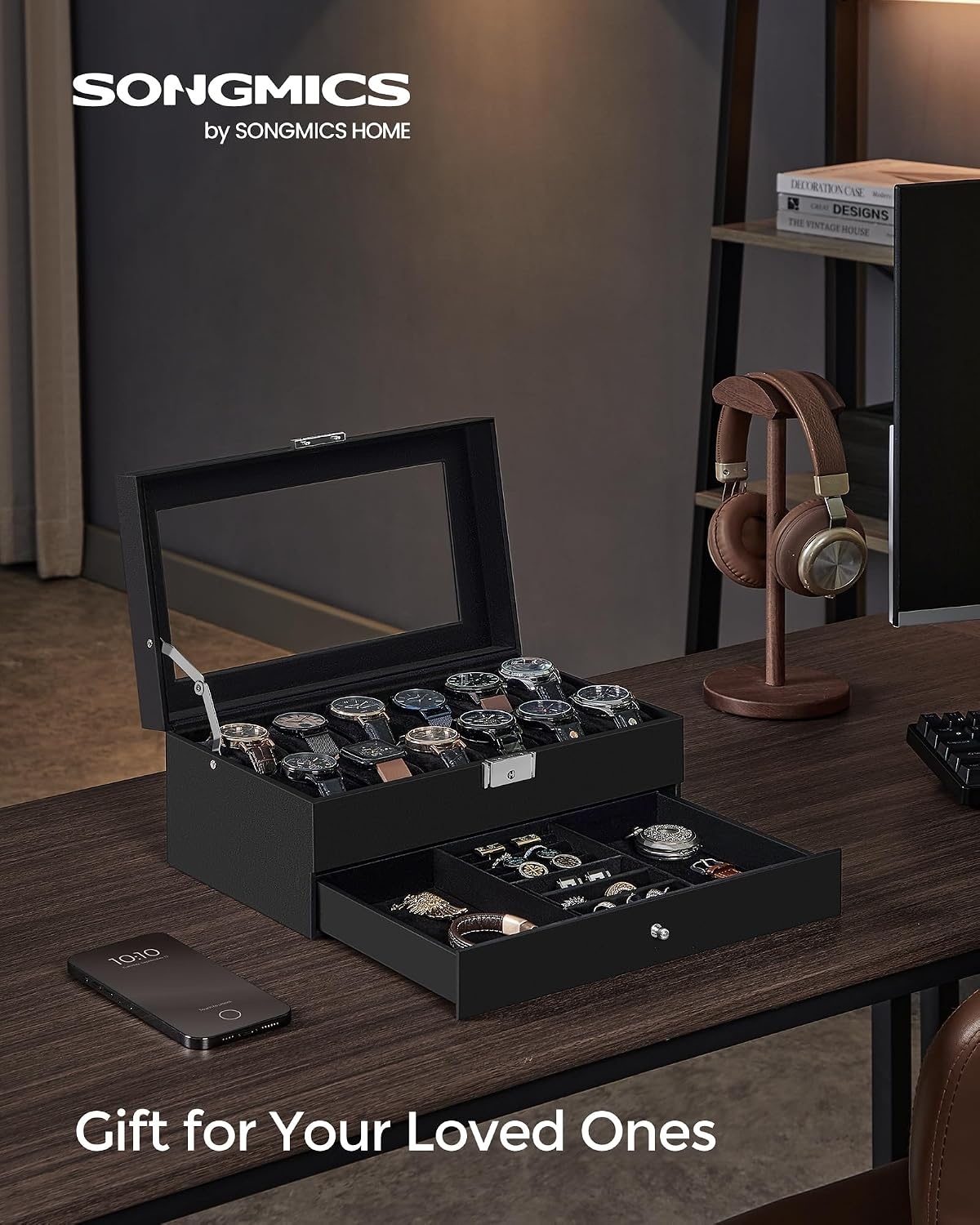 image:imageSONGMICS Watch Box for Men 2Tier Case with 6 Slots and Glass LidBlack Black