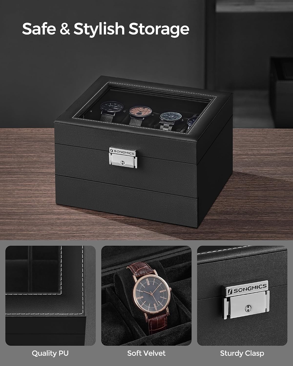 image:imageSONGMICS Watch Box for Men 2Tier Case with 6 Slots and Glass LidBlack Black