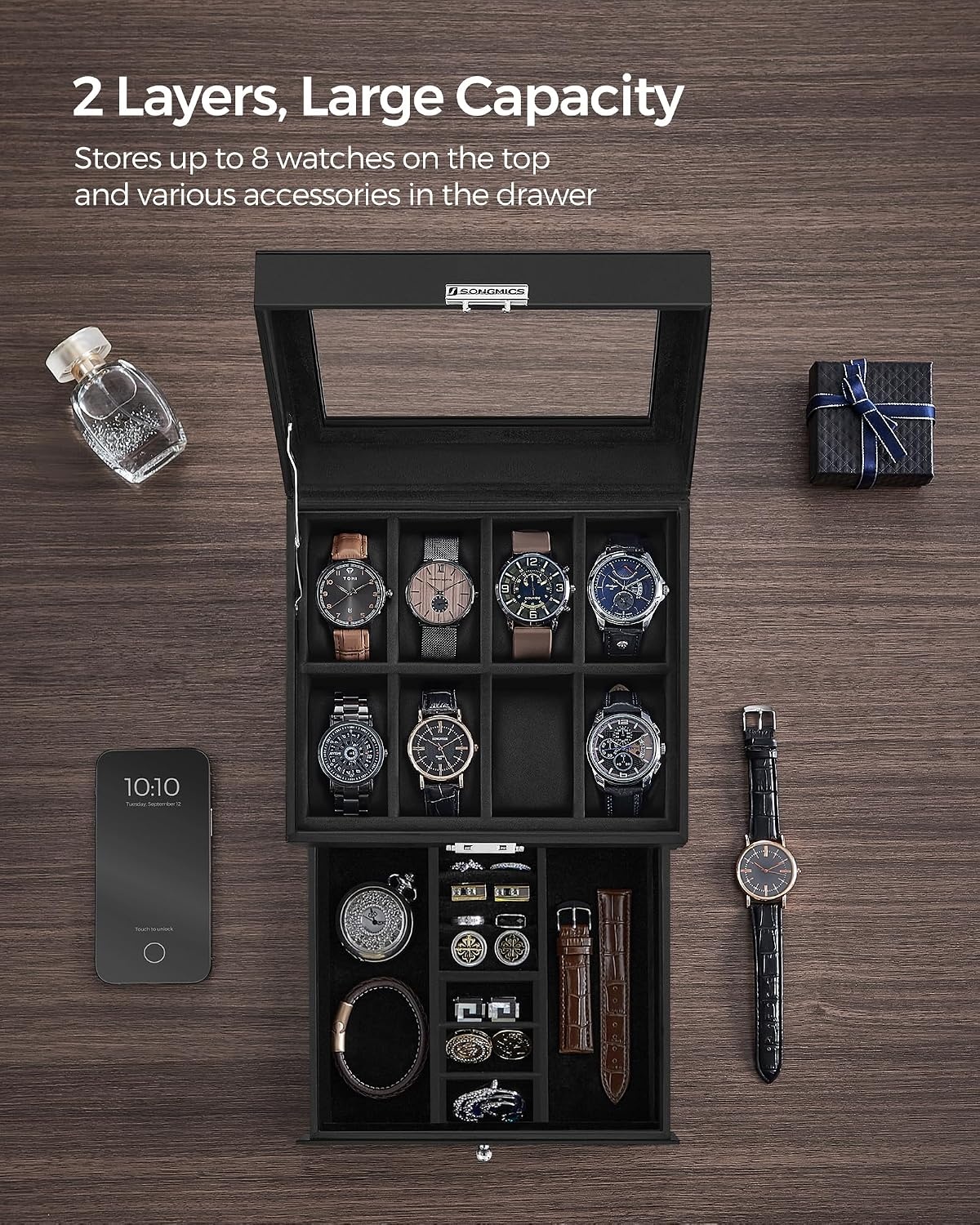 image:imageSONGMICS Watch Box for Men 2Tier Case with 6 Slots and Glass LidBlack Black