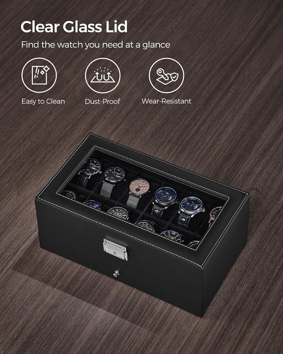 image:imageSONGMICS Watch Box for Men 2Tier Case with 6 Slots and Glass LidBlack Black