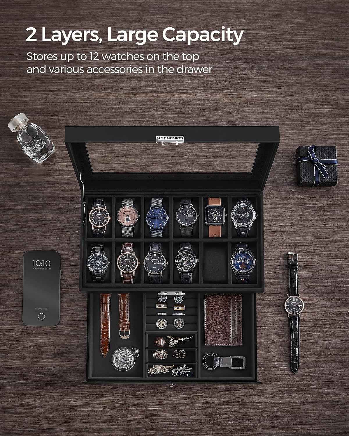 image:imageSONGMICS Watch Box for Men 2Tier Case with 6 Slots and Glass LidBlack Black