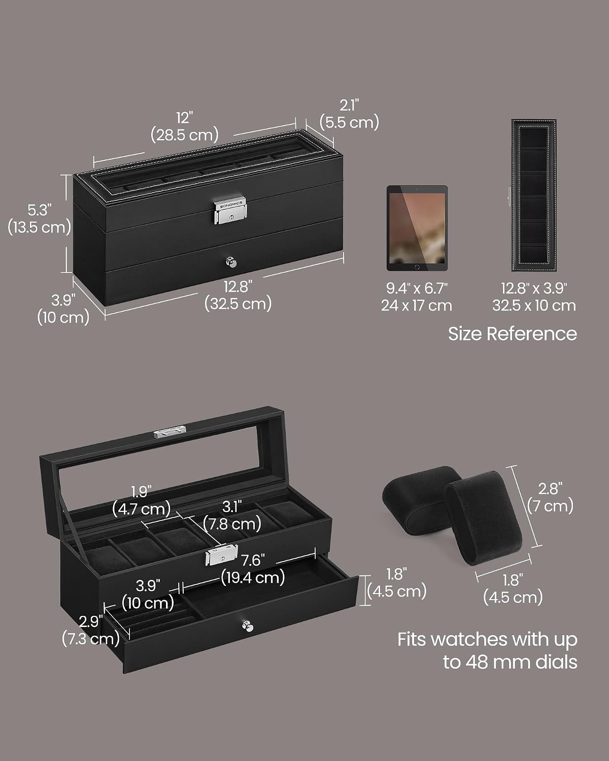 image:imageSONGMICS Watch Box for Men 2Tier Case with 6 Slots and Glass LidBlack Black
