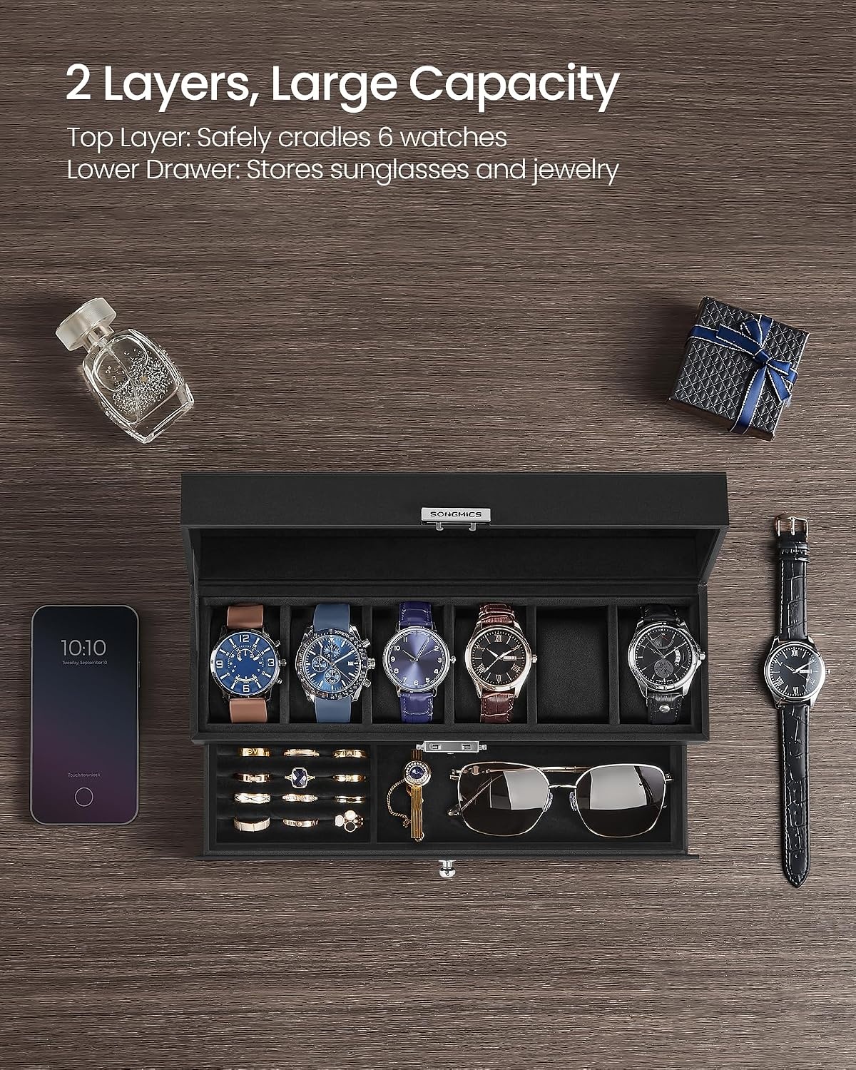 image:imageSONGMICS Watch Box for Men 2Tier Case with 6 Slots and Glass LidBlack Black