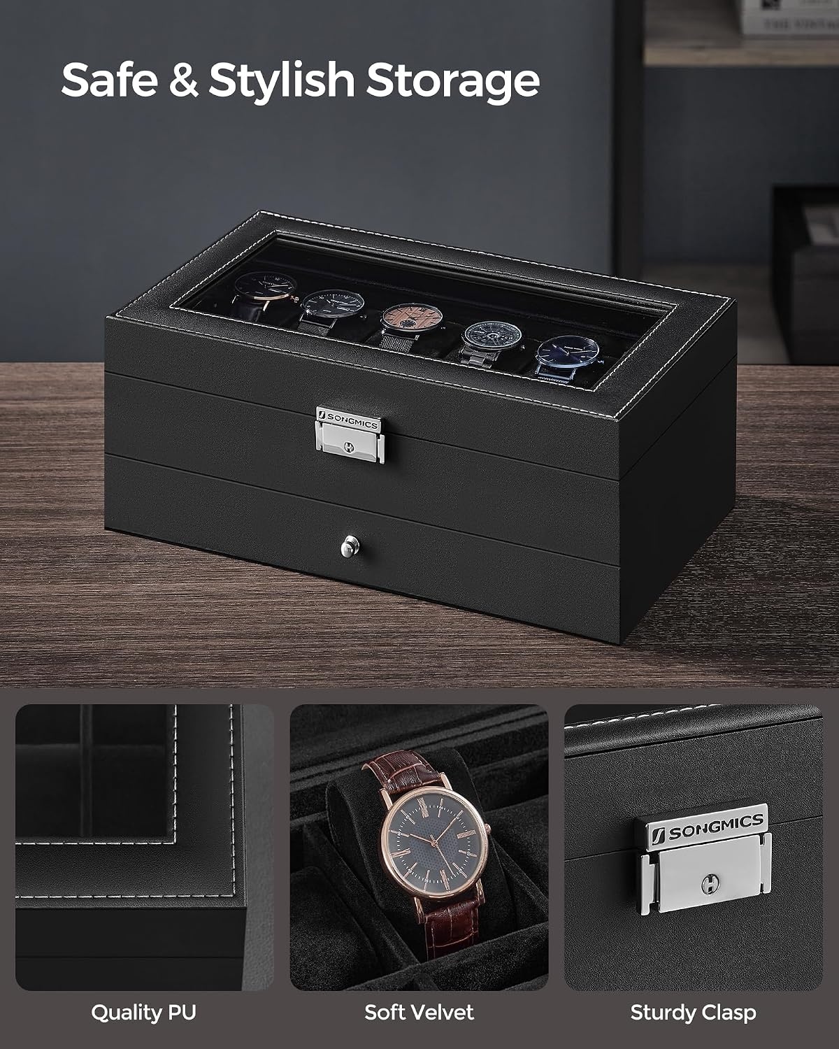 image:imageSONGMICS Watch Box for Men 2Tier Case with 6 Slots and Glass LidBlack Black