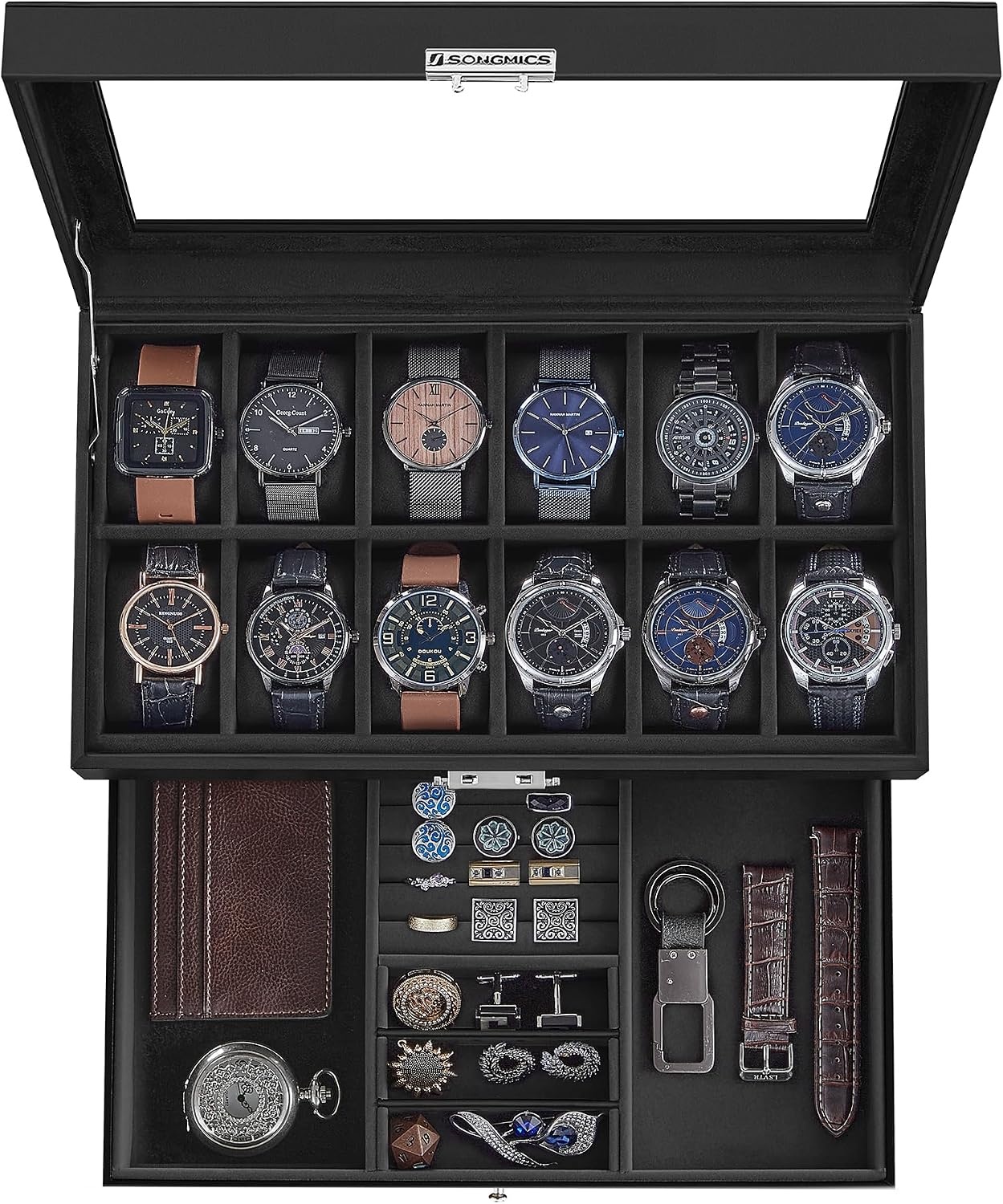 image:imageSONGMICS Watch Box for Men 2Tier Case with 6 Slots and Glass LidBlack Black
