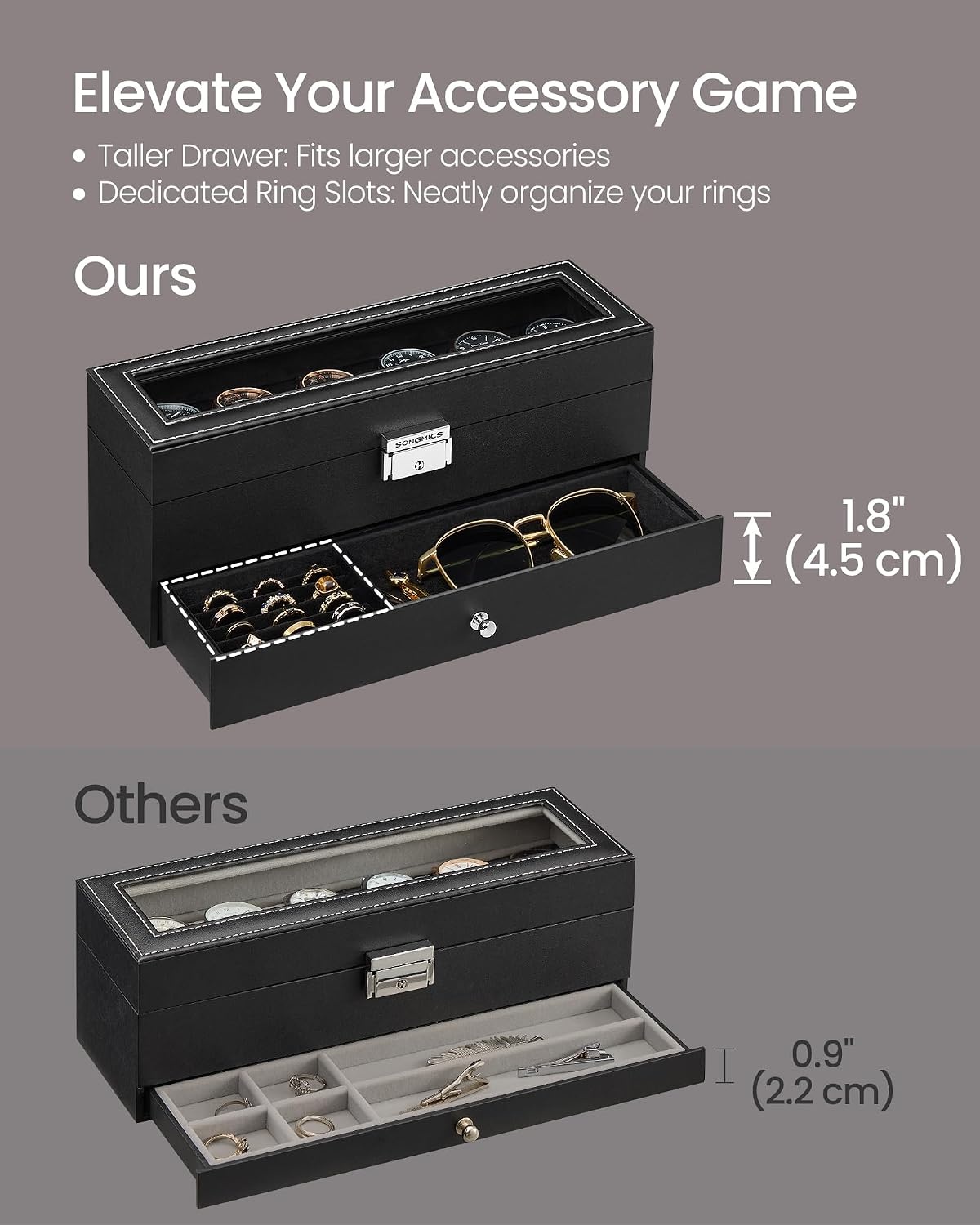 image:imageSONGMICS Watch Box for Men 2Tier Case with 6 Slots and Glass LidBlack Black