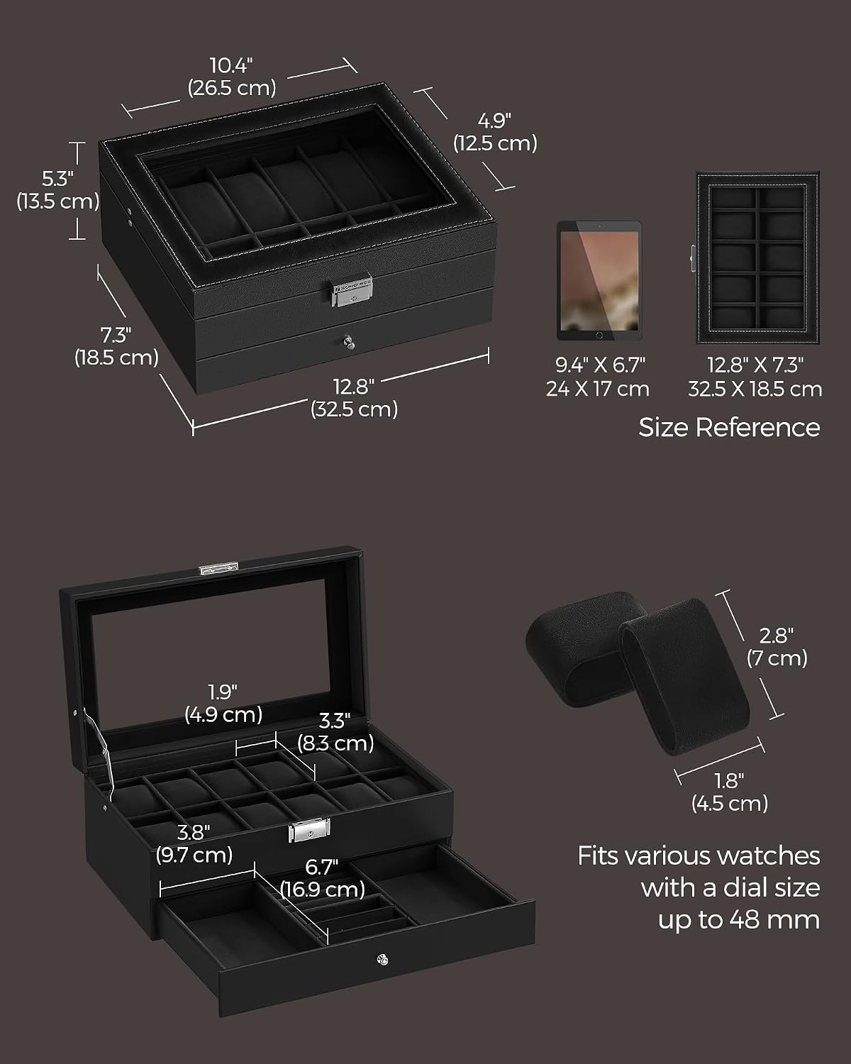 image:imageSONGMICS Watch Box for Men 2Tier Case with 6 Slots and Glass LidBlack Black
