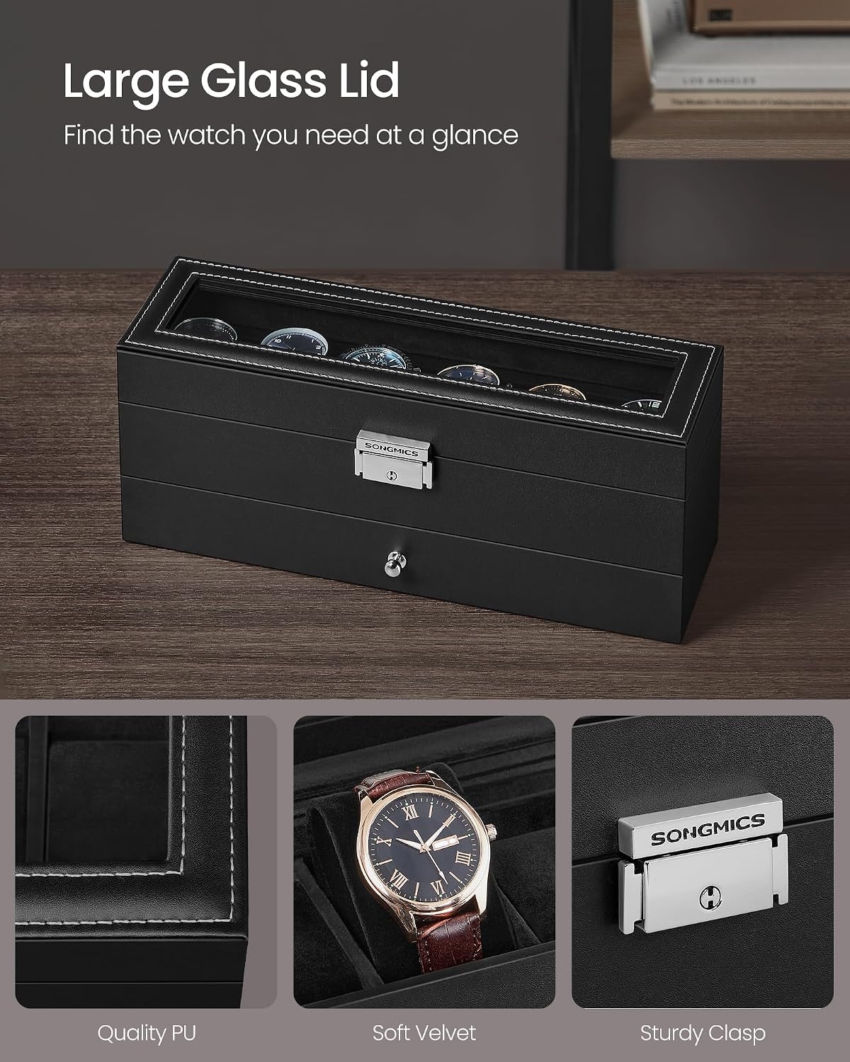 image:imageSONGMICS Watch Box for Men 2Tier Case with 6 Slots and Glass LidBlack Black