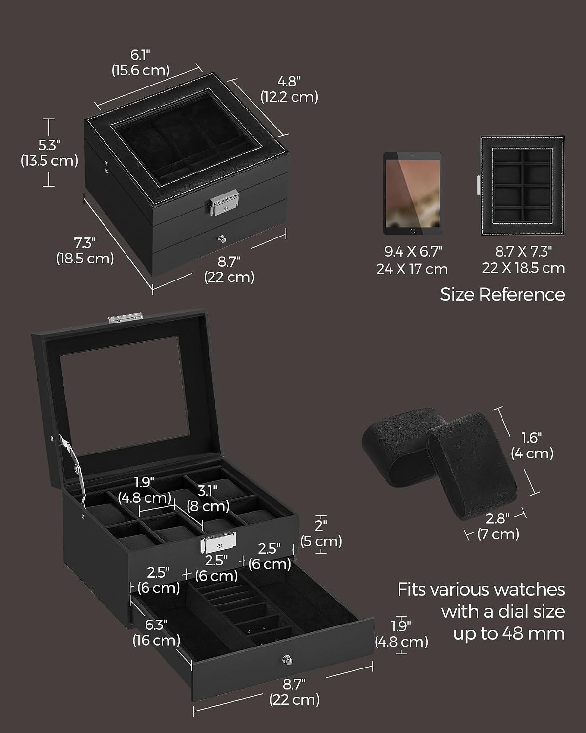 image:imageSONGMICS Watch Box for Men 2Tier Case with 6 Slots and Glass LidBlack Black