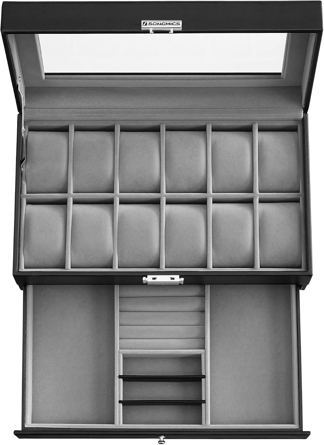 image:imageSONGMICS Watch Box for Men 2Tier Case with 6 Slots and Glass LidBlack Gray