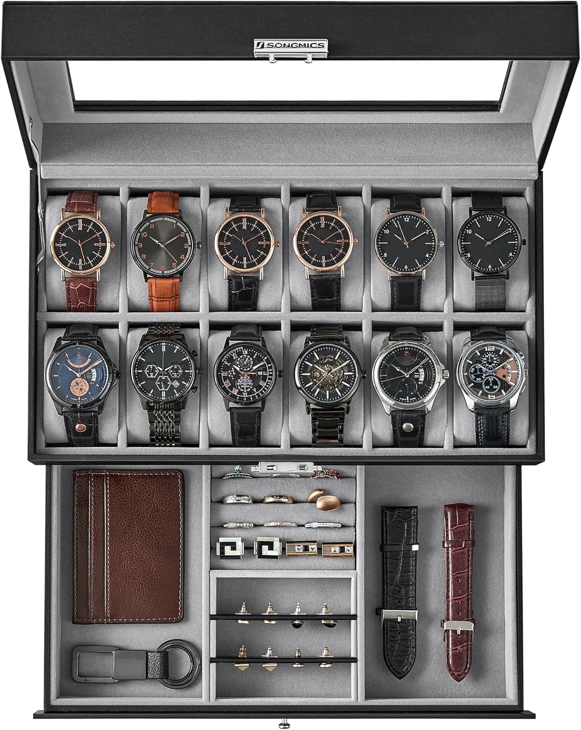 image:imageSONGMICS Watch Box for Men 2Tier Case with 6 Slots and Glass LidBlack Gray