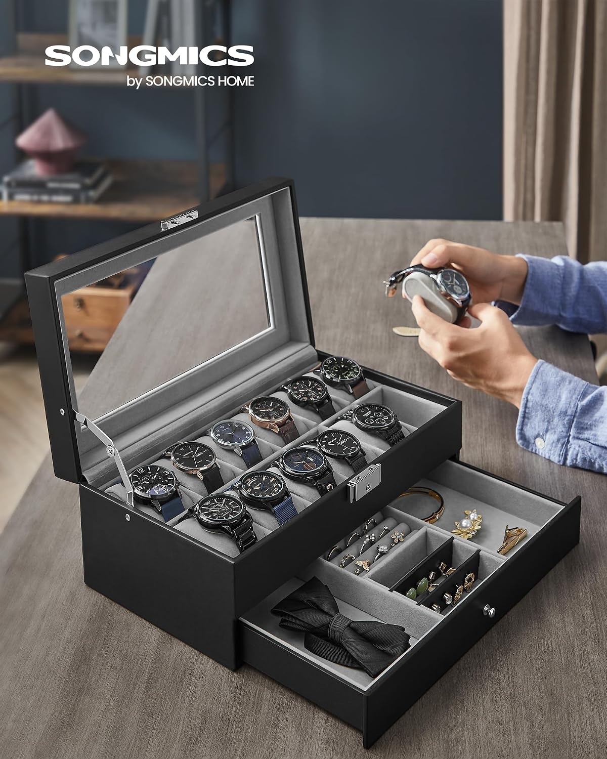 image:imageSONGMICS Watch Box for Men 2Tier Case with 6 Slots and Glass LidBlack Gray