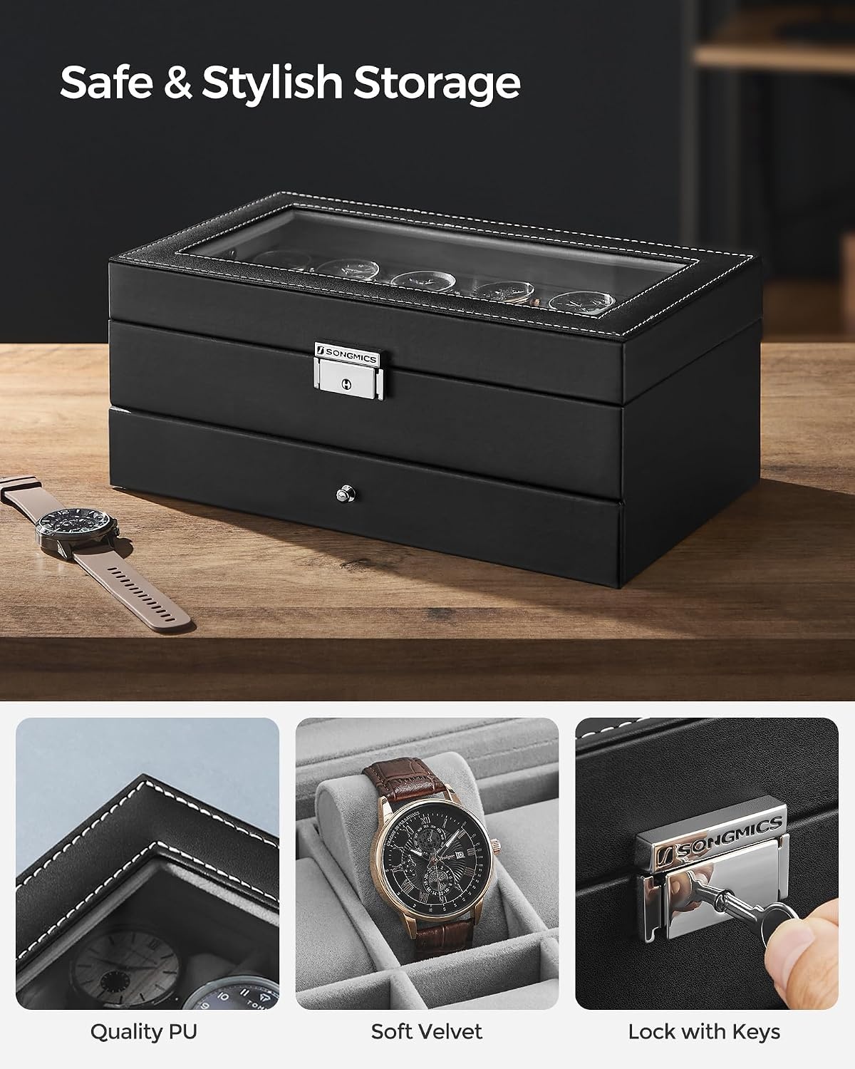 image:imageSONGMICS Watch Box for Men 2Tier Case with 6 Slots and Glass LidBlack Gray
