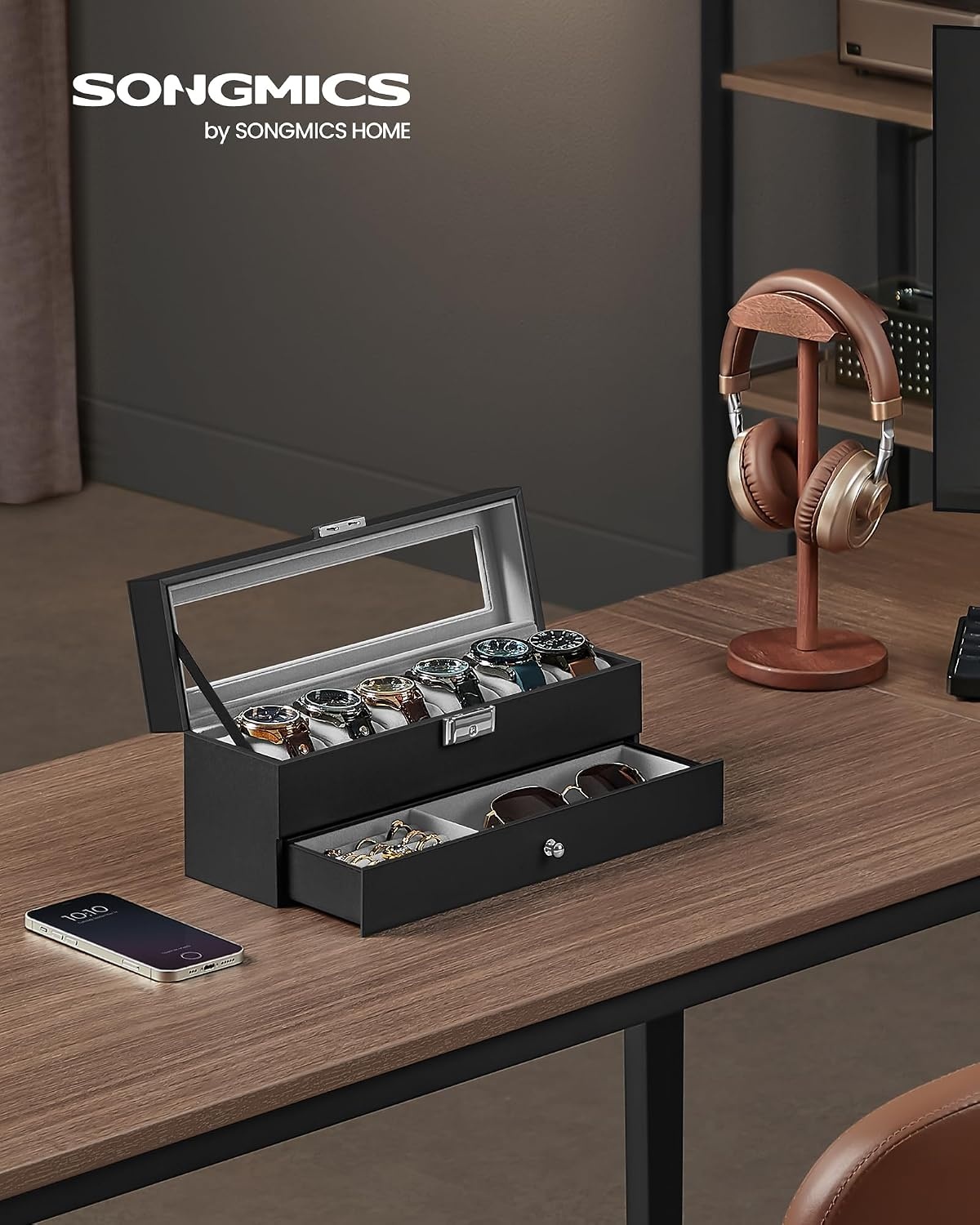 image:imageSONGMICS Watch Box for Men 2Tier Case with 6 Slots and Glass LidBlack Gray