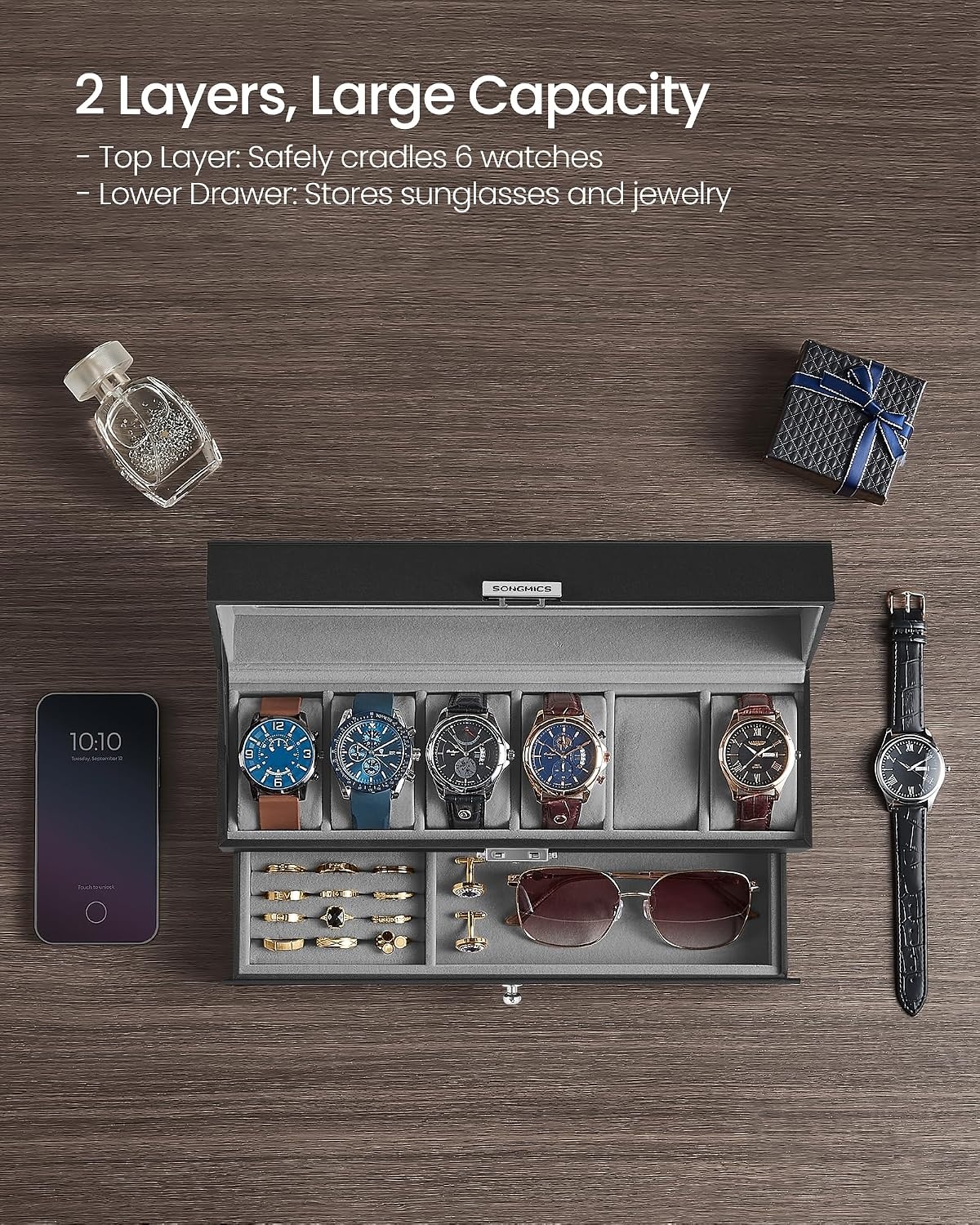 image:imageSONGMICS Watch Box for Men 2Tier Case with 6 Slots and Glass LidBlack Gray