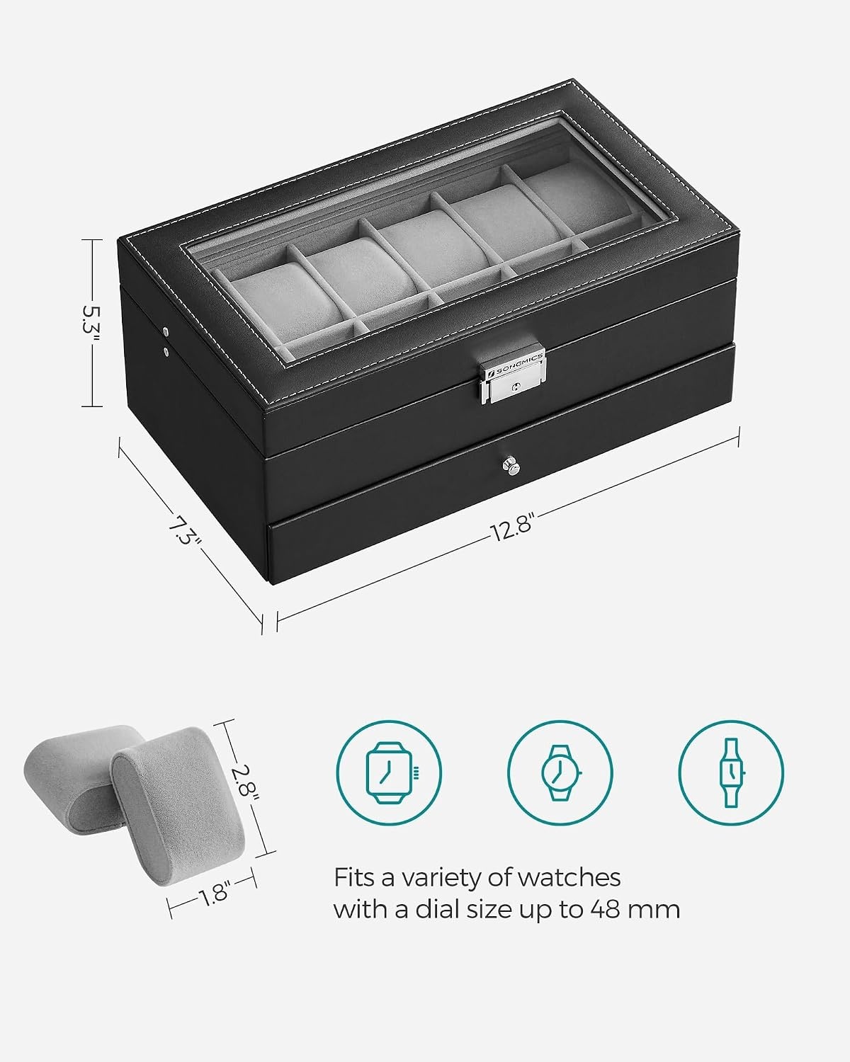 image:imageSONGMICS Watch Box for Men 2Tier Case with 6 Slots and Glass LidBlack Gray