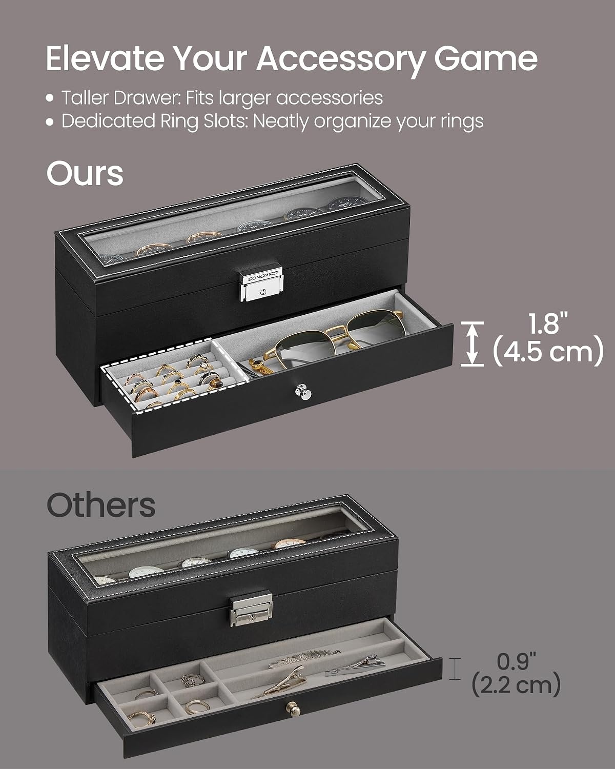 image:imageSONGMICS Watch Box for Men 2Tier Case with 6 Slots and Glass LidBlack Gray