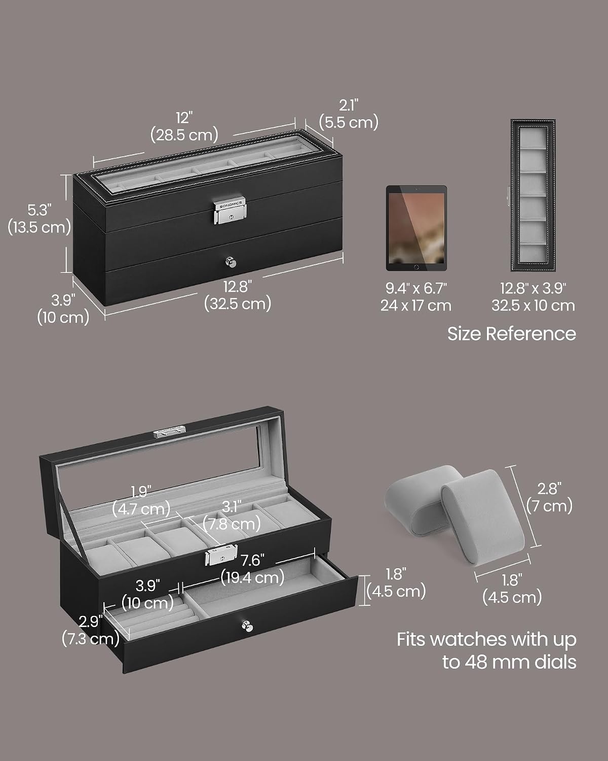image:imageSONGMICS Watch Box for Men 2Tier Case with 6 Slots and Glass LidBlack Gray