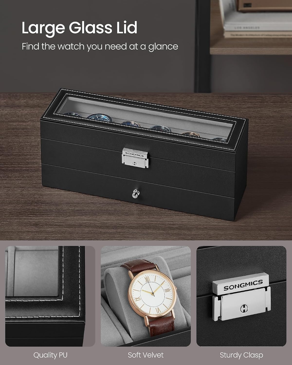 image:imageSONGMICS Watch Box for Men 2Tier Case with 6 Slots and Glass LidBlack Gray