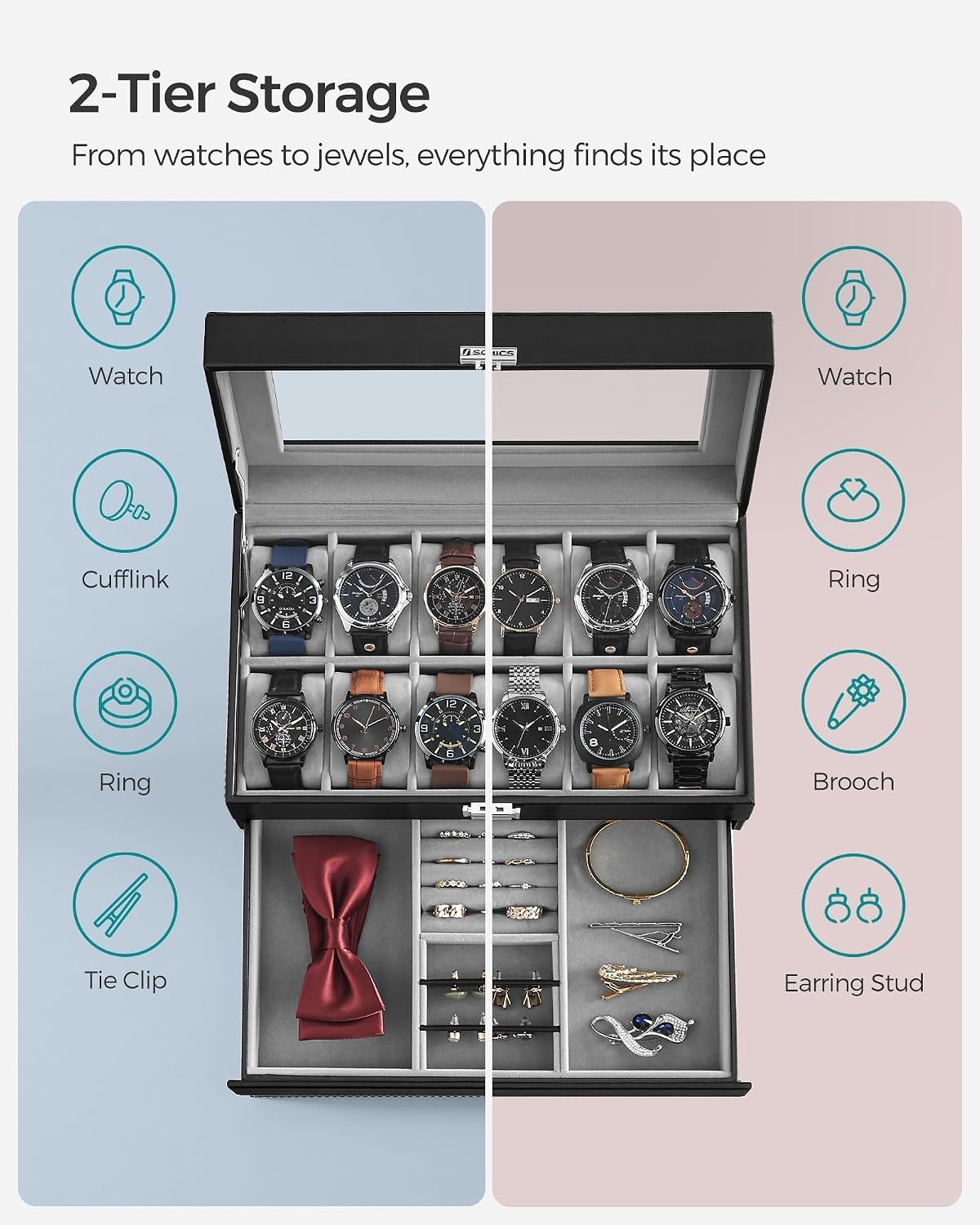 image:imageSONGMICS Watch Box for Men 2Tier Case with 6 Slots and Glass LidBlack Gray