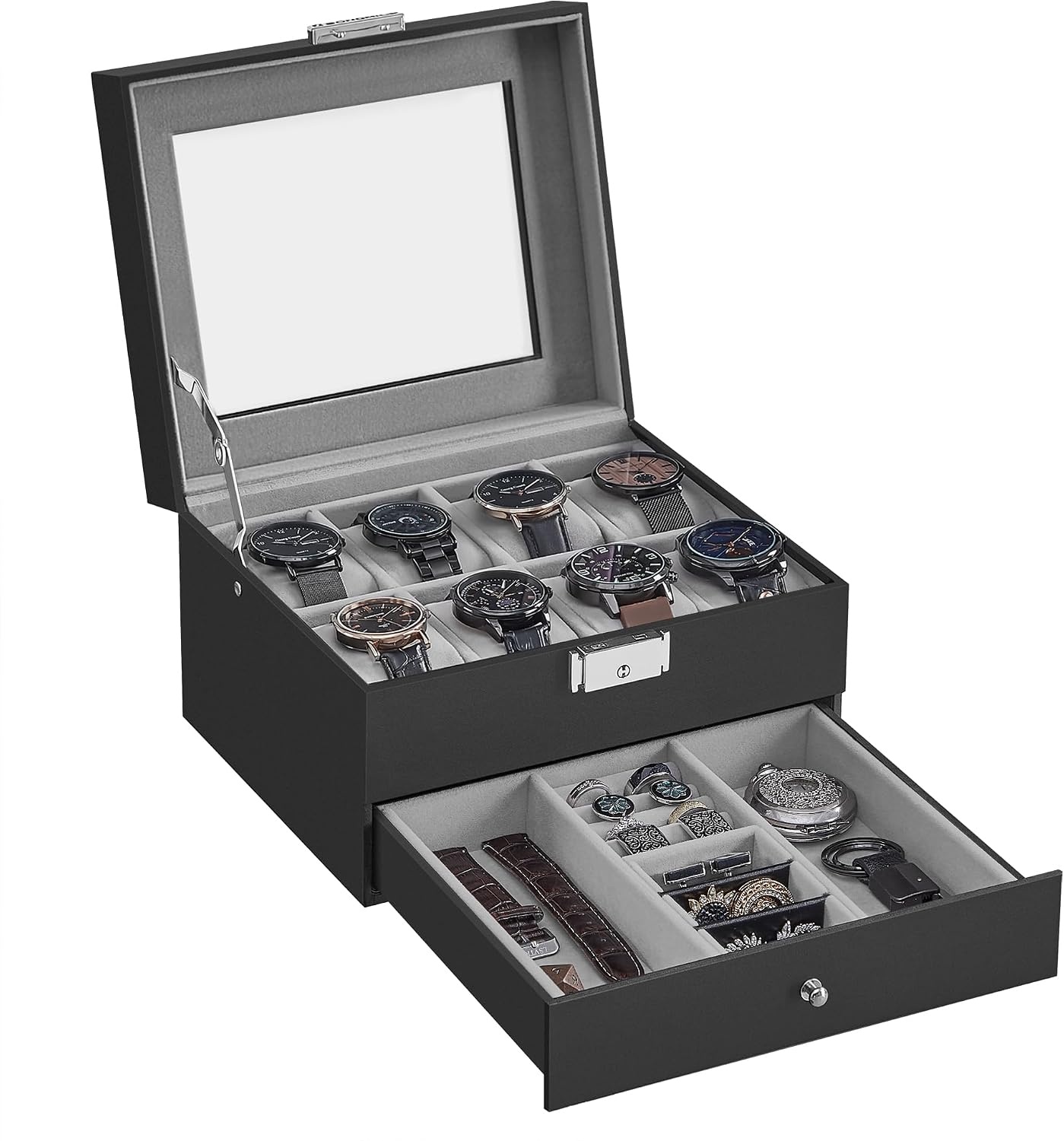 image:imageSONGMICS Watch Box for Men 2Tier Case with 6 Slots and Glass LidBlack Greenish Gray