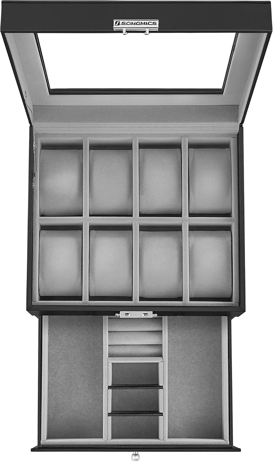 image:imageSONGMICS Watch Box for Men 2Tier Case with 6 Slots and Glass LidBlack Greenish Gray