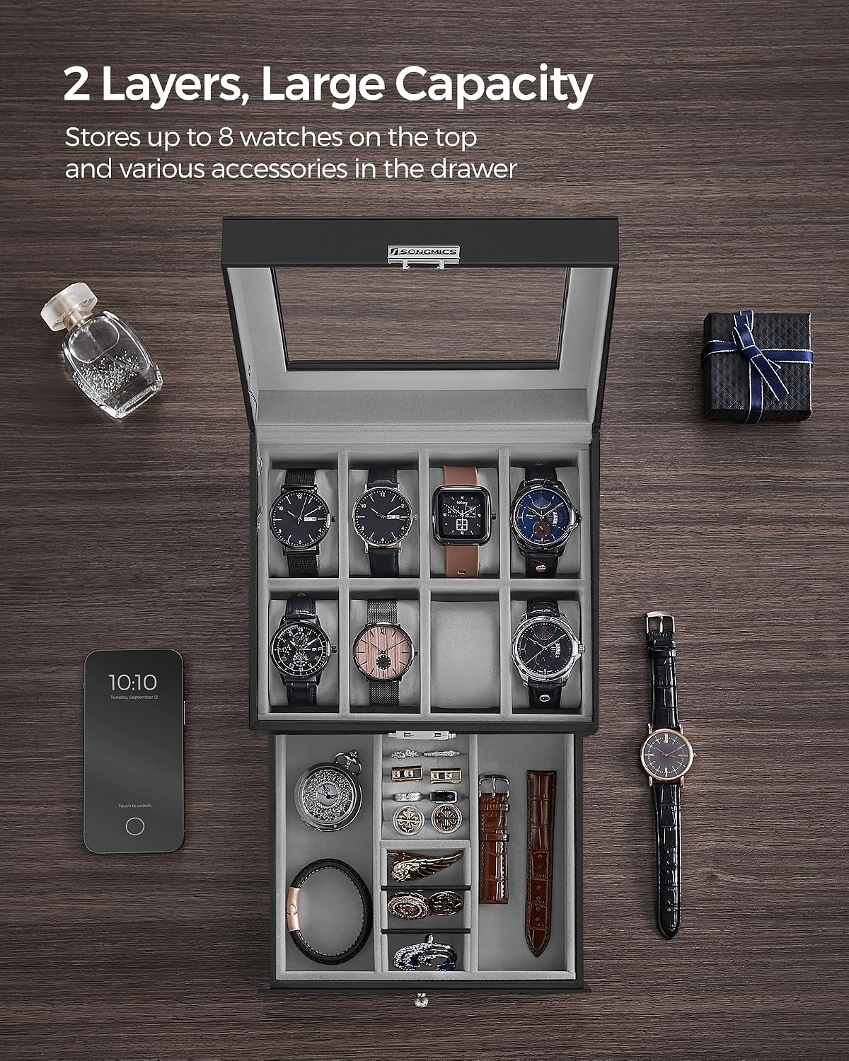 image:imageSONGMICS Watch Box for Men 2Tier Case with 6 Slots and Glass LidBlack Greenish Gray