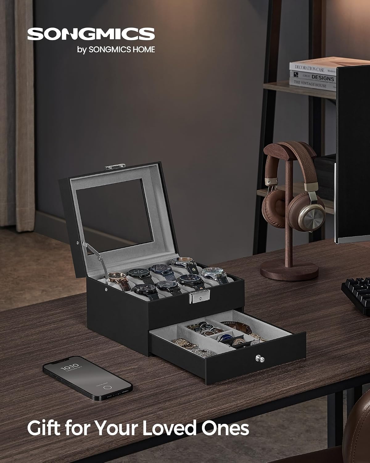 image:imageSONGMICS Watch Box for Men 2Tier Case with 6 Slots and Glass LidBlack Greenish Gray