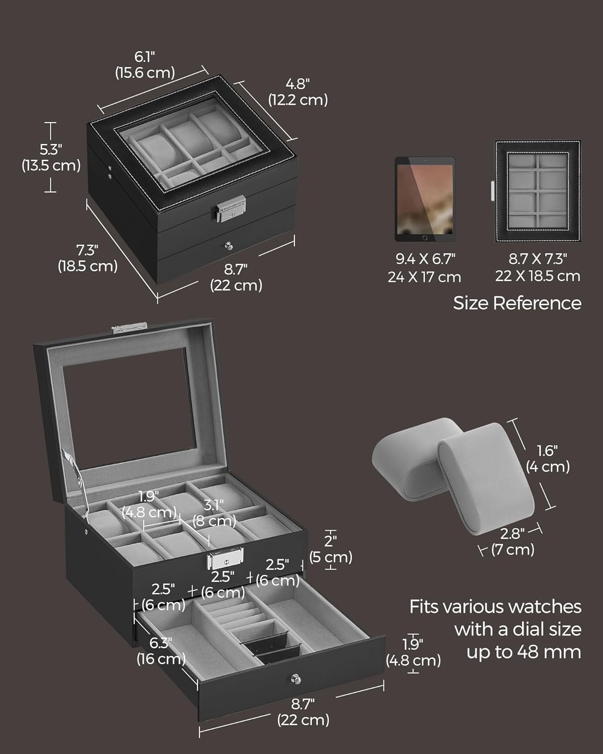 image:imageSONGMICS Watch Box for Men 2Tier Case with 6 Slots and Glass LidBlack Greenish Gray
