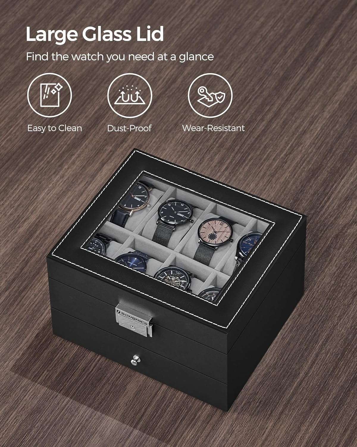 image:imageSONGMICS Watch Box for Men 2Tier Case with 6 Slots and Glass LidBlack Greenish Gray