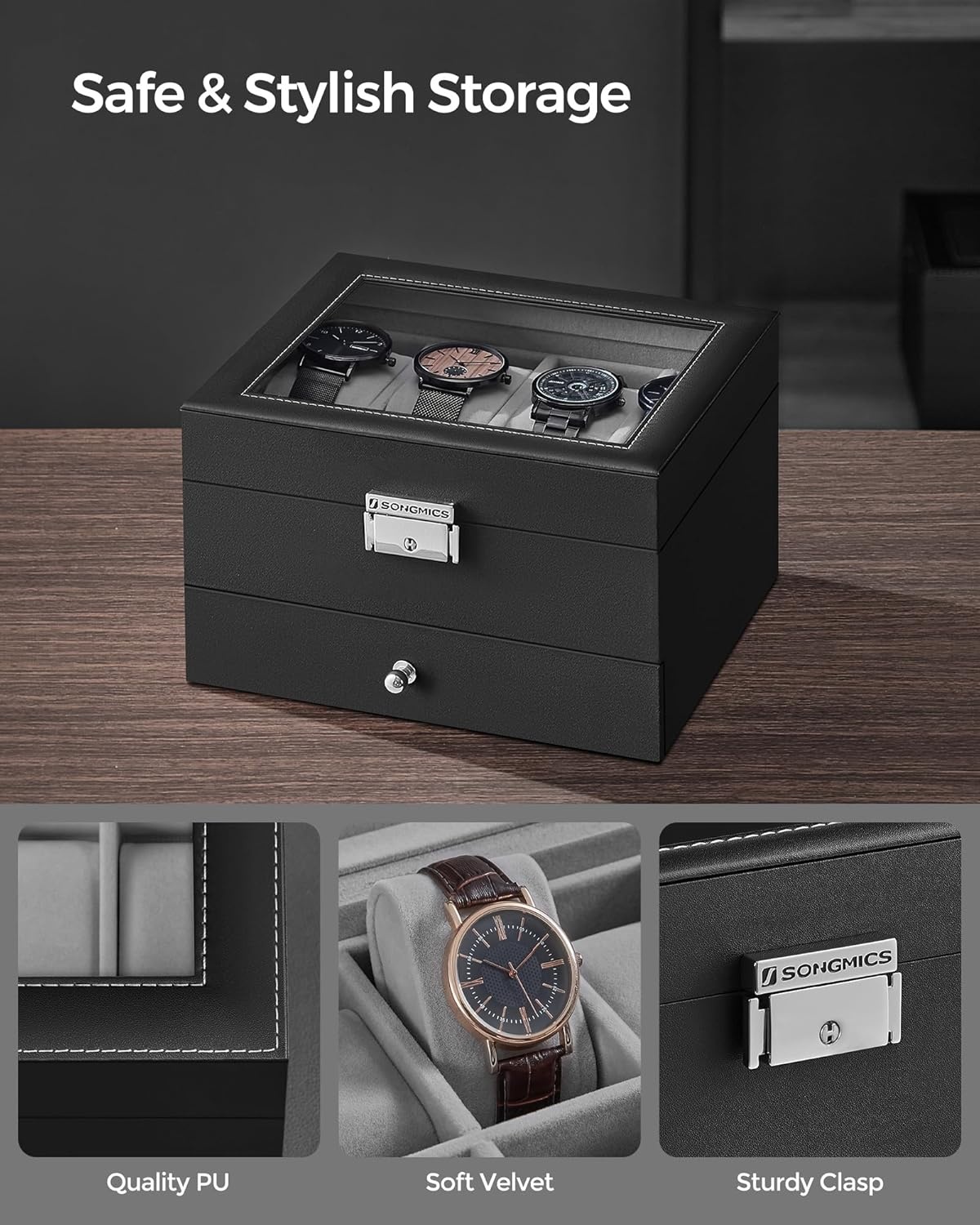image:imageSONGMICS Watch Box for Men 2Tier Case with 6 Slots and Glass LidBlack Greenish Gray