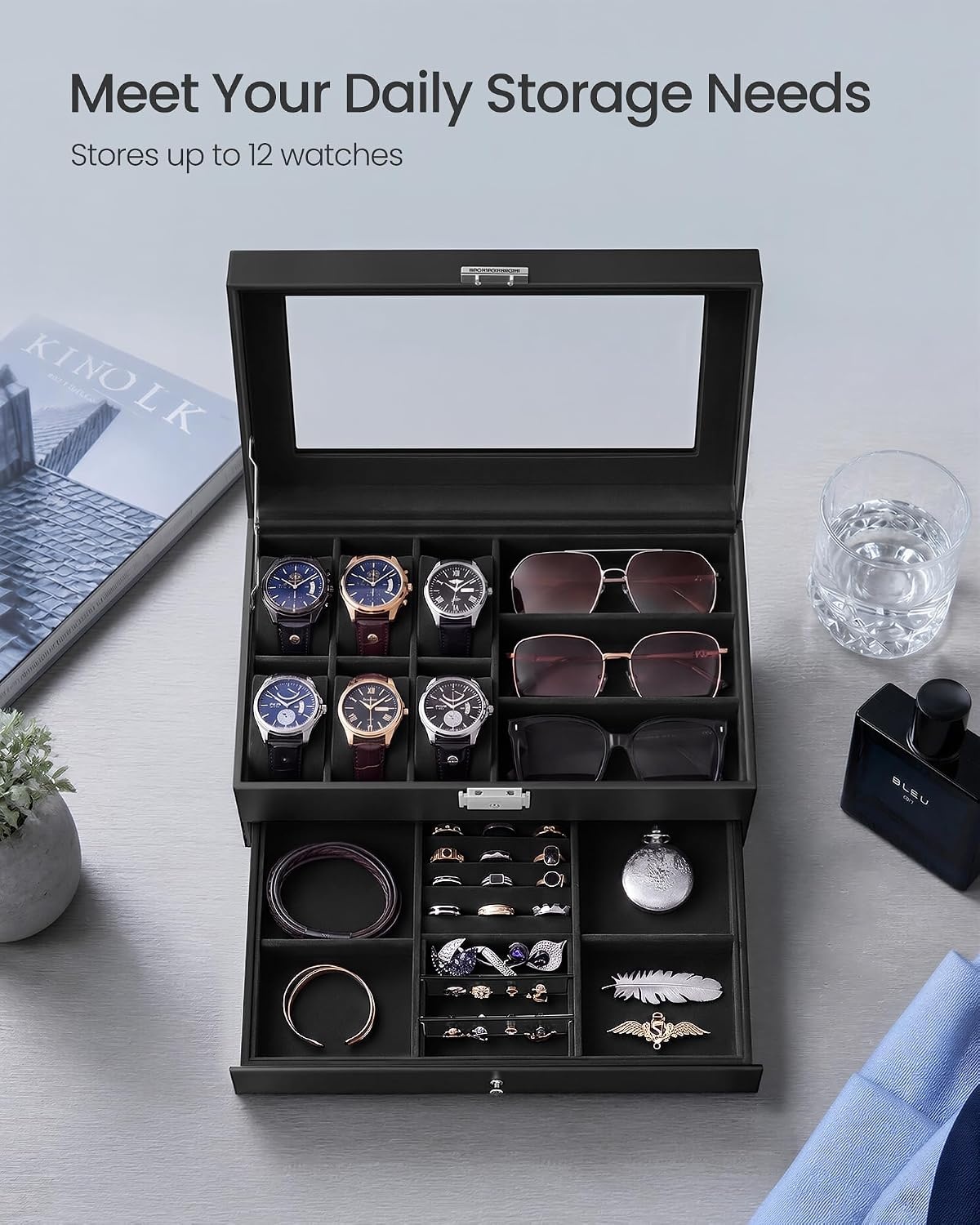 image:imageSONGMICS Watch Box for Men 2Tier Case with 6 Slots and Glass LidBlack