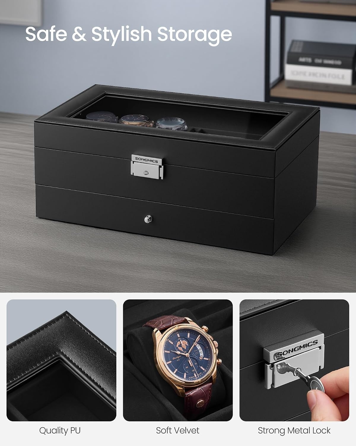 image:imageSONGMICS Watch Box for Men 2Tier Case with 6 Slots and Glass LidBlack