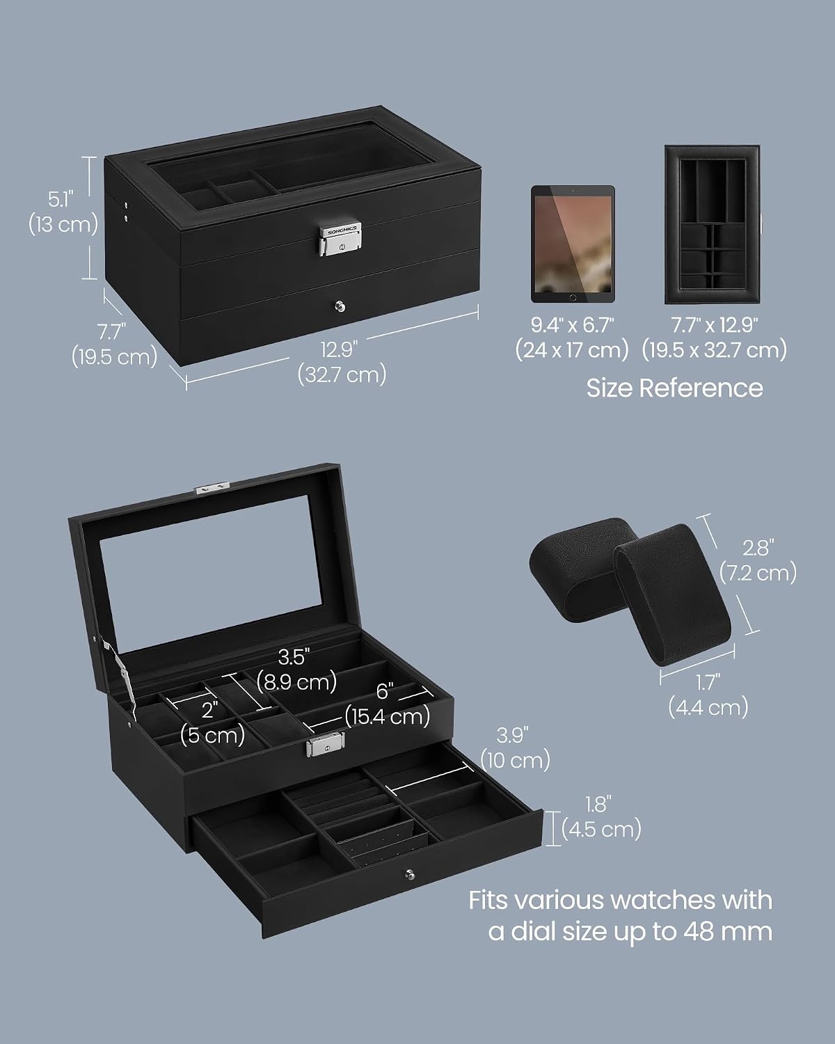 image:imageSONGMICS Watch Box for Men 2Tier Case with 6 Slots and Glass LidBlack