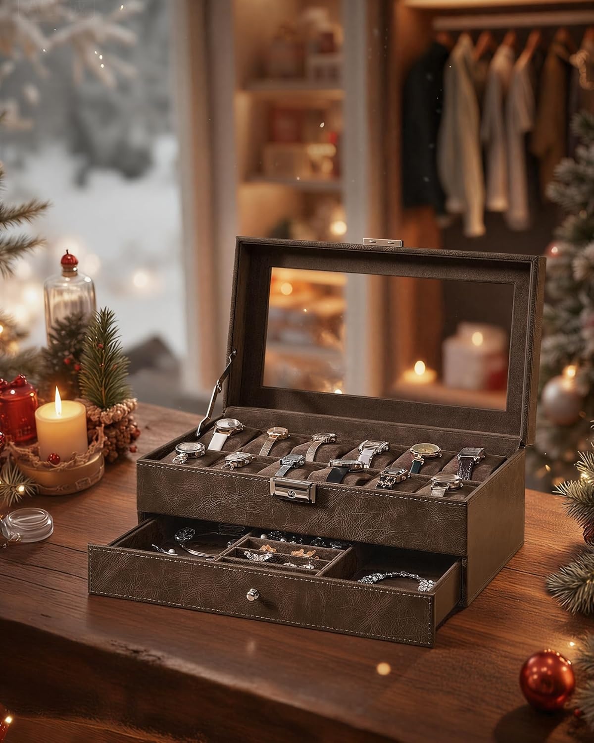 image:imageSONGMICS Watch Box for Men 2Tier Case with 6 Slots and Glass LidBrown Brown