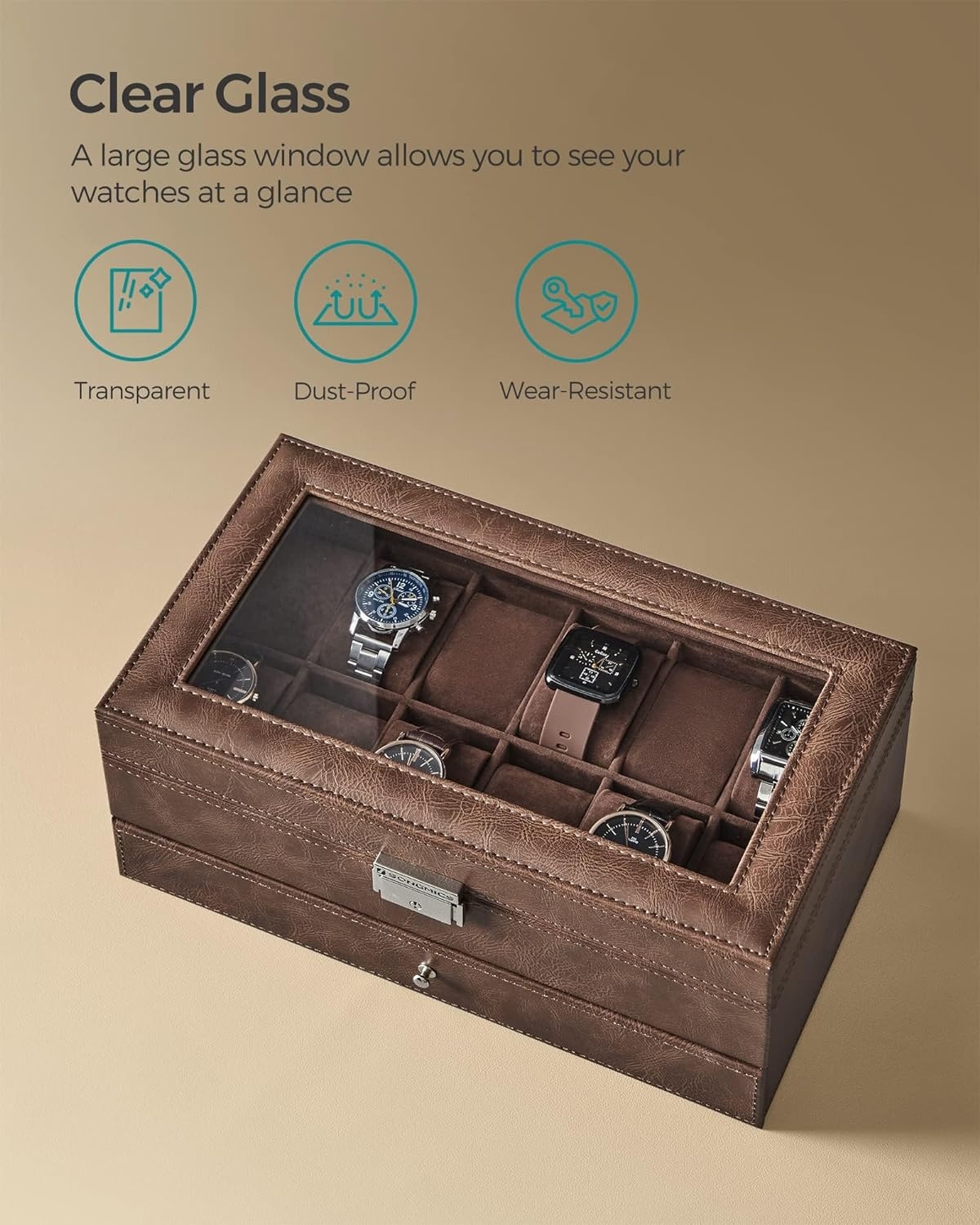 image:imageSONGMICS Watch Box for Men 2Tier Case with 6 Slots and Glass LidBrown Brown