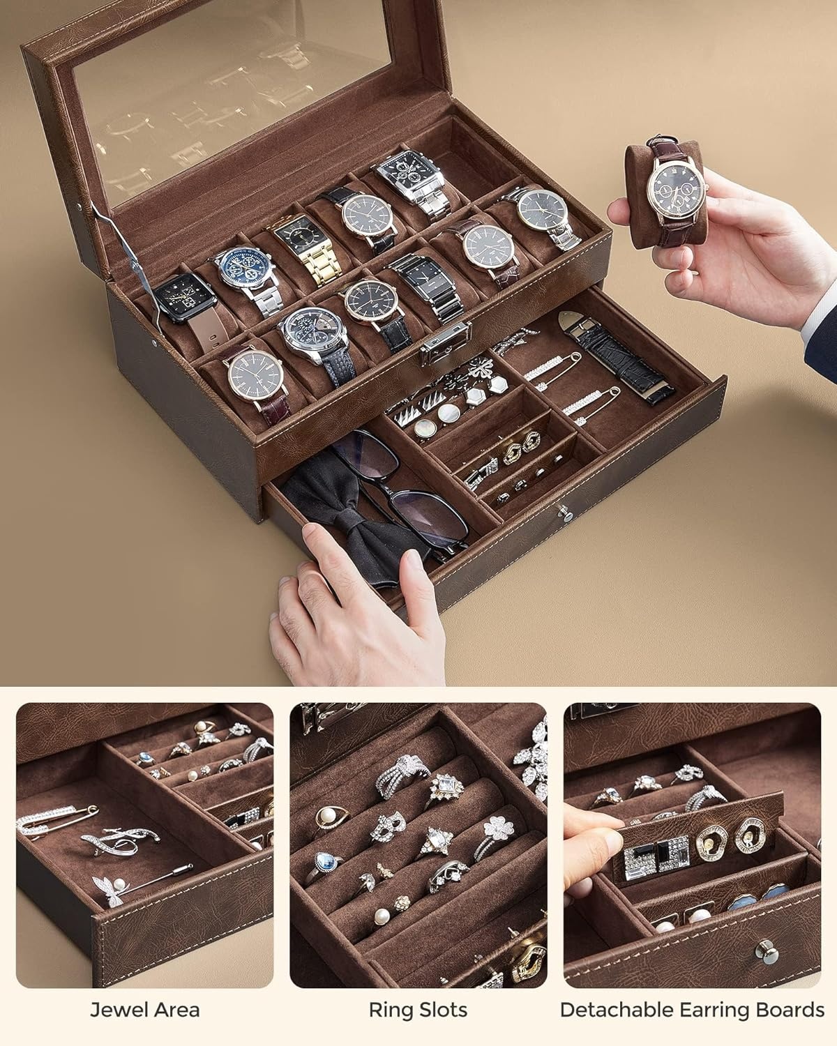 image:imageSONGMICS Watch Box for Men 2Tier Case with 6 Slots and Glass LidBrown Brown