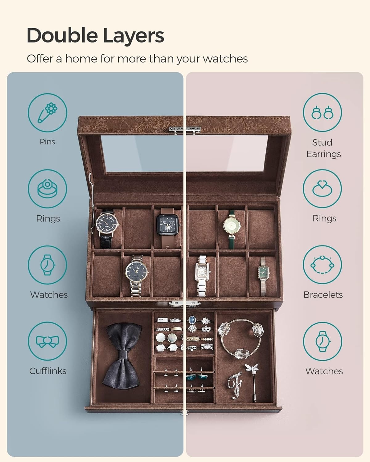 image:imageSONGMICS Watch Box for Men 2Tier Case with 6 Slots and Glass LidBrown Brown