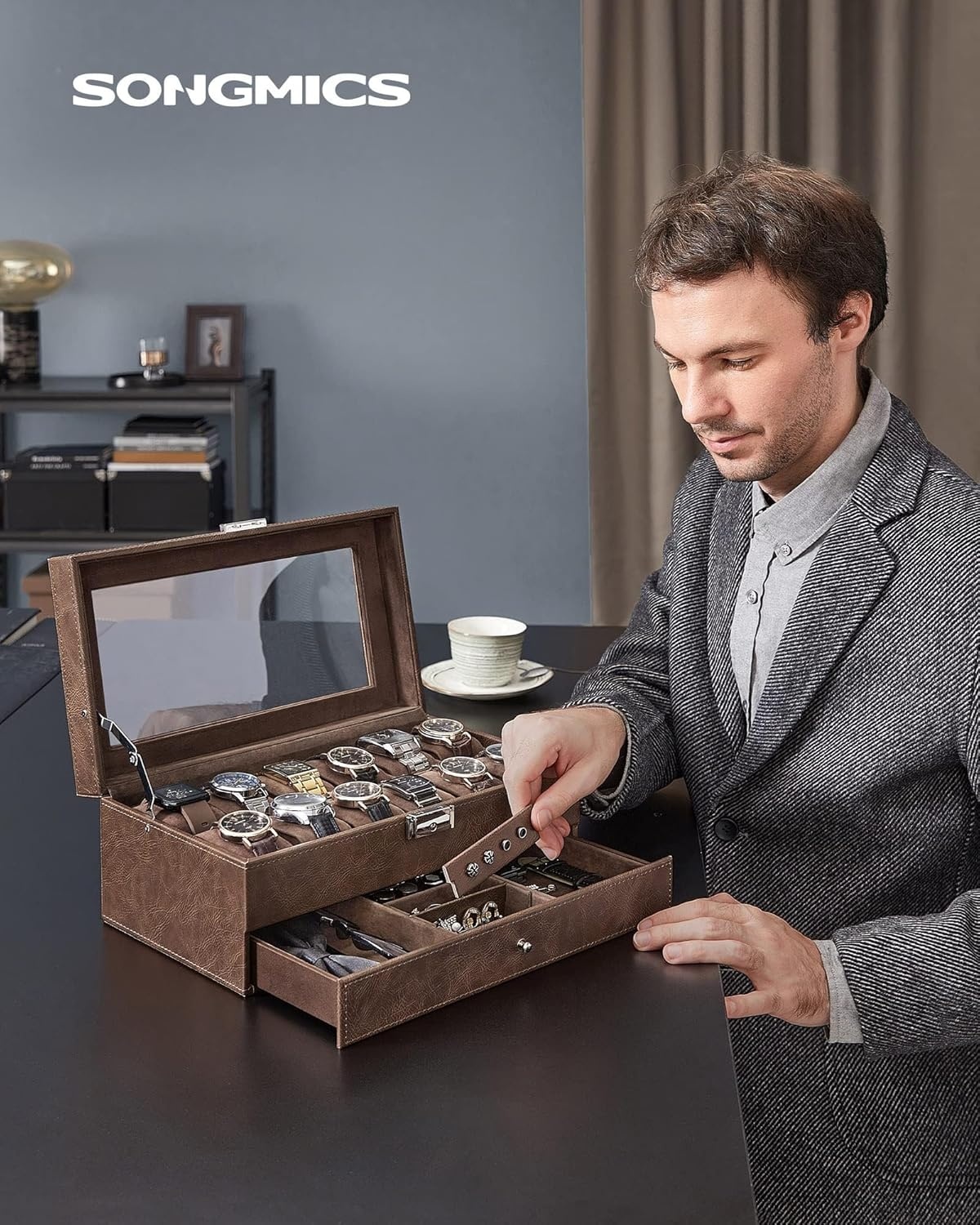 image:imageSONGMICS Watch Box for Men 2Tier Case with 6 Slots and Glass LidBrown Brown