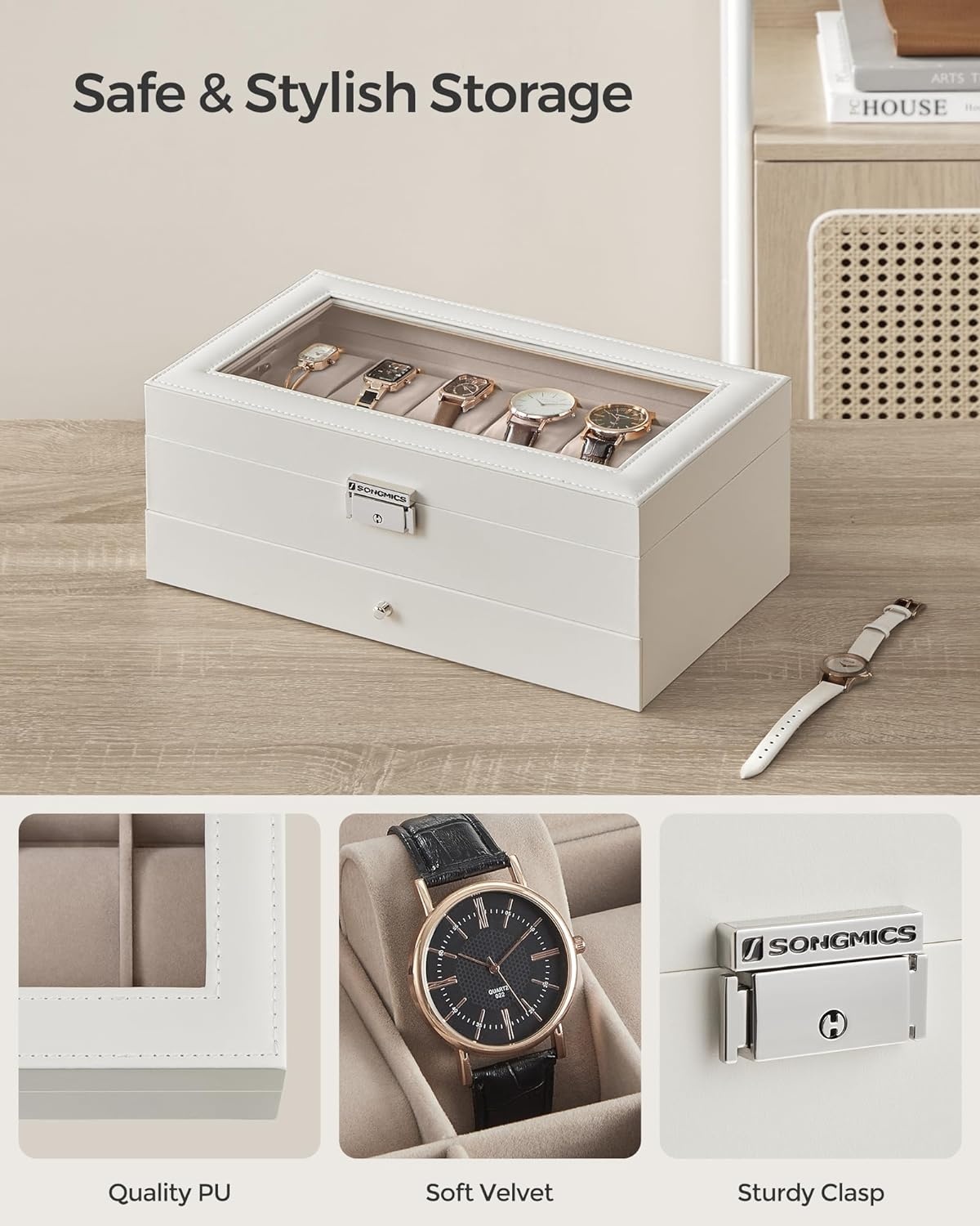 image:imageSONGMICS Watch Box for Men 2Tier Case with 6 Slots and Glass LidCloud White Cappuccino Beige