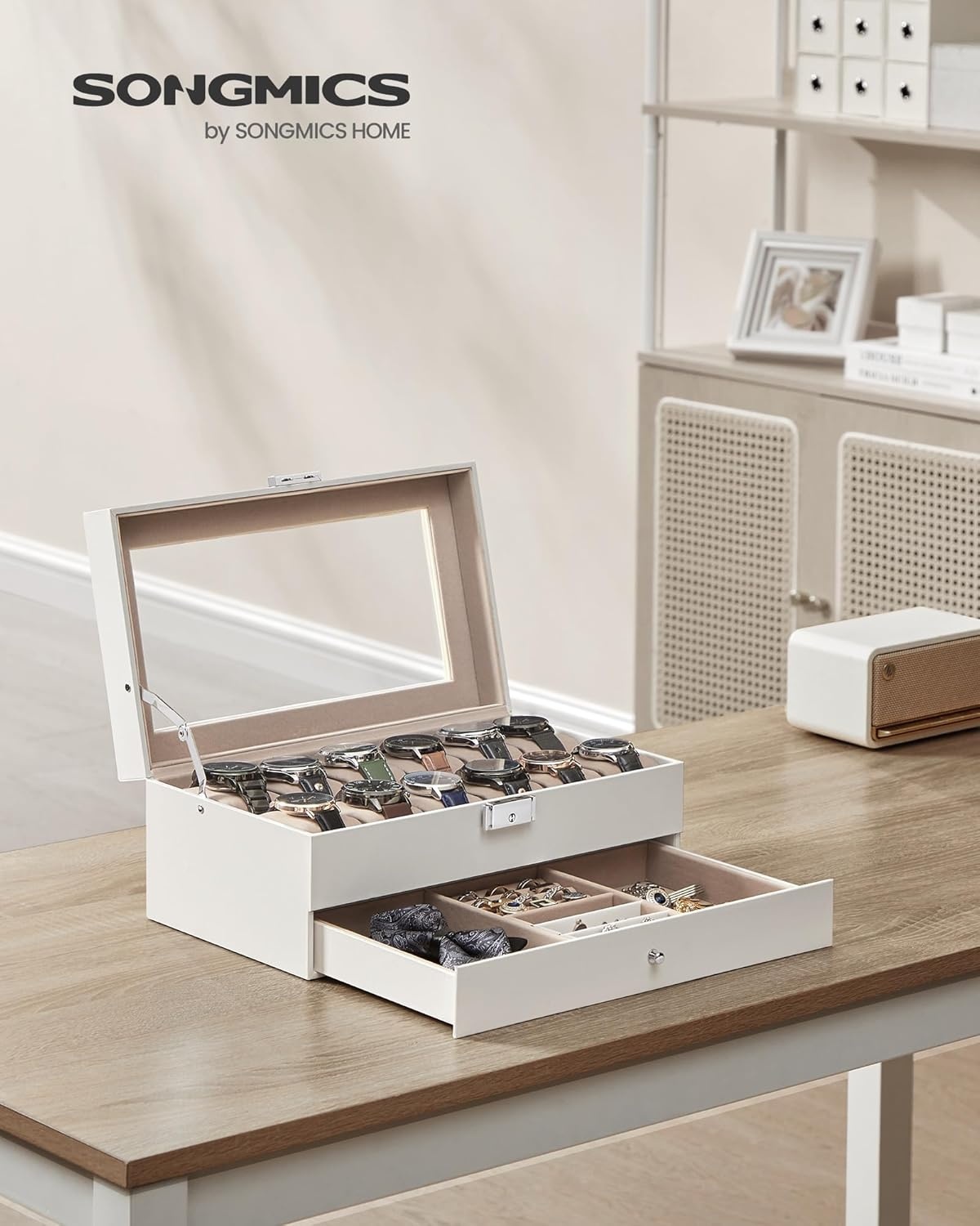 image:imageSONGMICS Watch Box for Men 2Tier Case with 6 Slots and Glass LidCloud White Cappuccino Beige