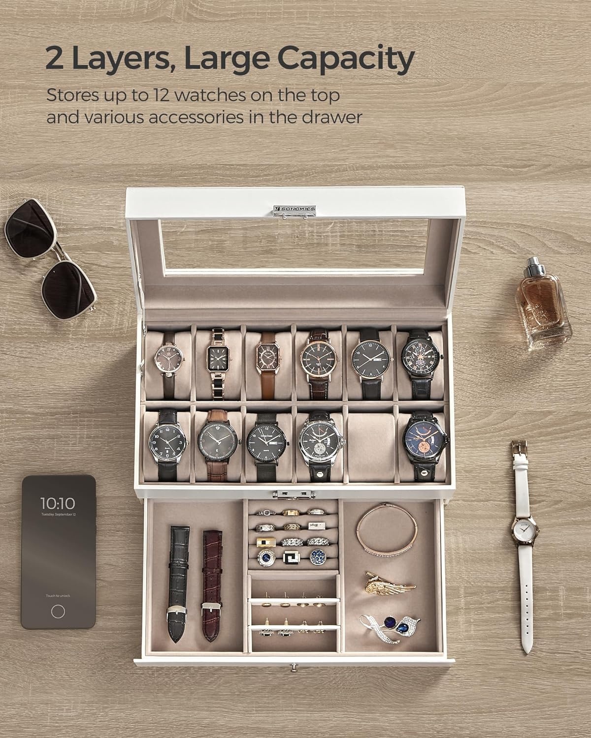 image:imageSONGMICS Watch Box for Men 2Tier Case with 6 Slots and Glass LidCloud White Cappuccino Beige
