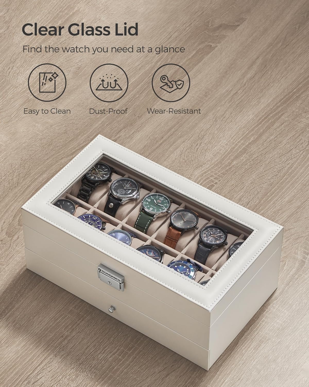 image:imageSONGMICS Watch Box for Men 2Tier Case with 6 Slots and Glass LidCloud White Cappuccino Beige