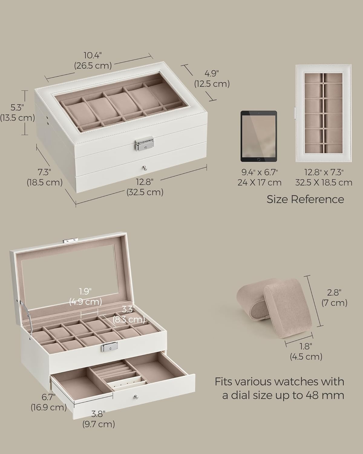 image:imageSONGMICS Watch Box for Men 2Tier Case with 6 Slots and Glass LidCloud White Cappuccino Beige